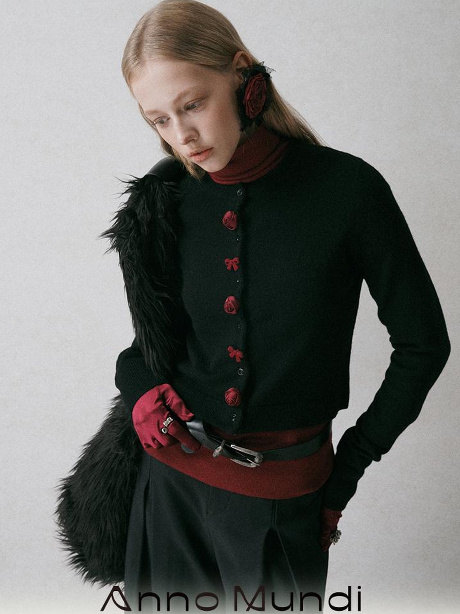 AnnoMundi Black Shoulder Wool Knit Cardigan With 3D Rose And Bow
