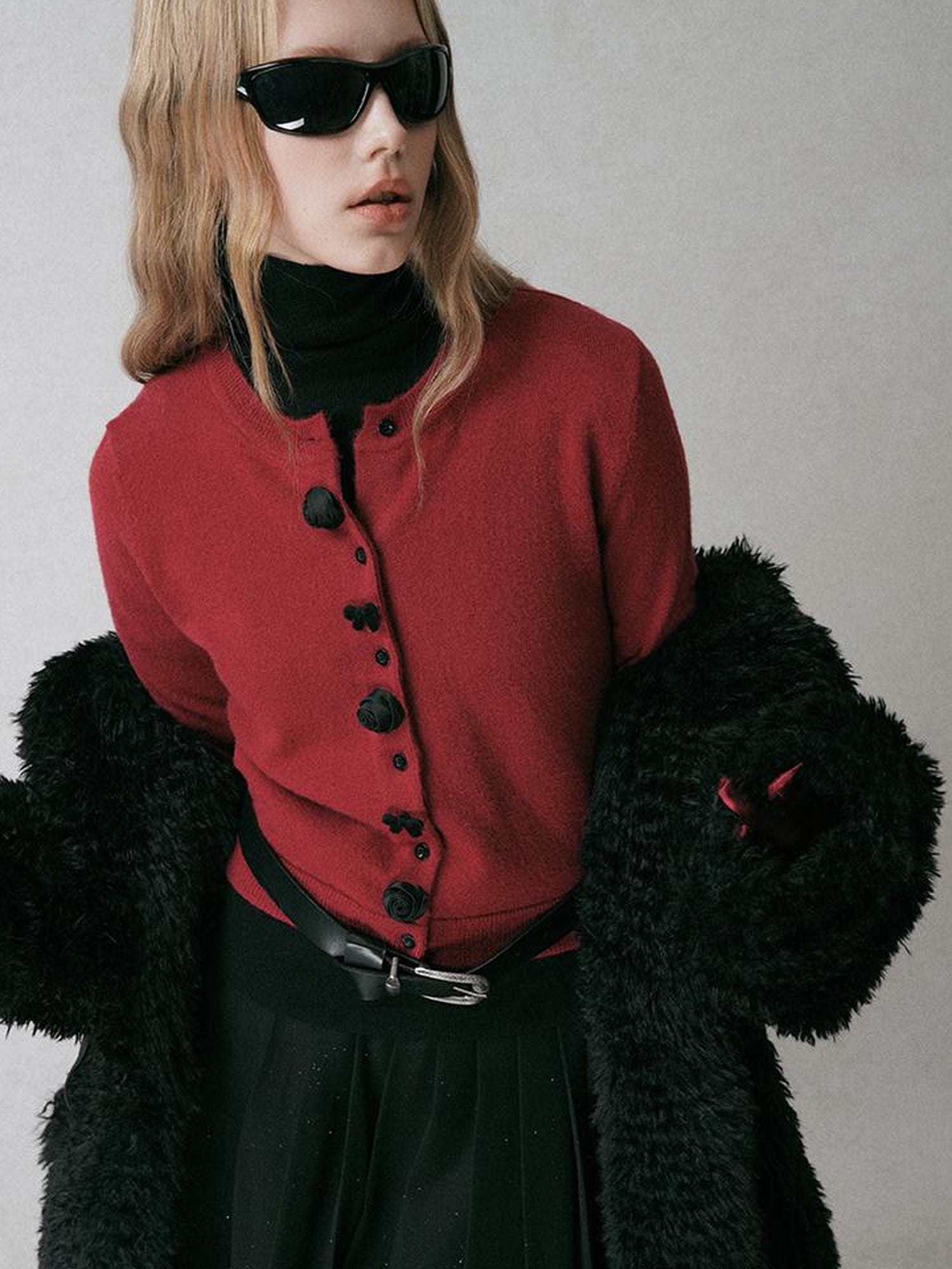 AnnoMundi Black Shoulder Wool Knit Cardigan With 3D Rose And Bow