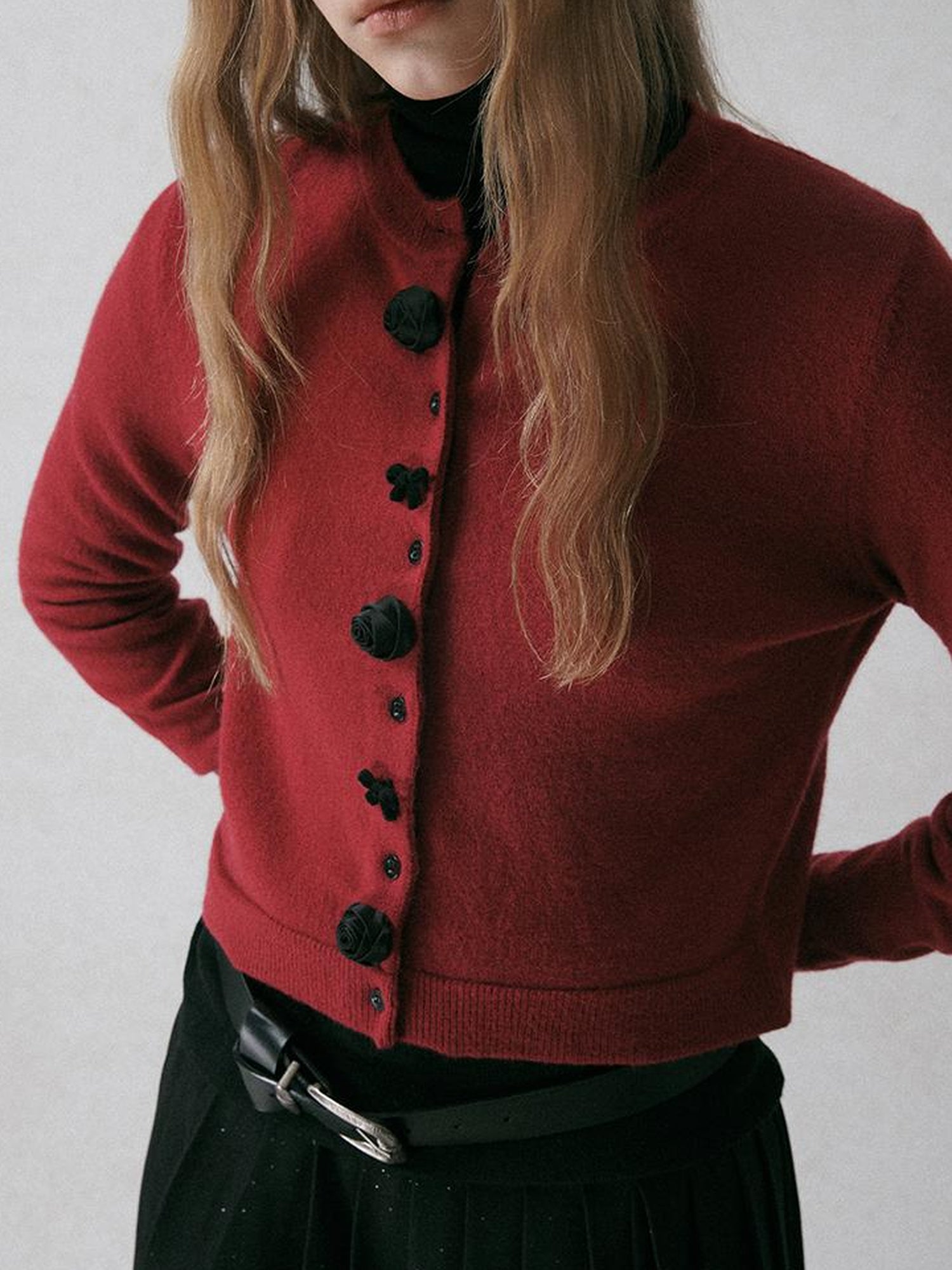 AnnoMundi Black Shoulder Wool Knit Cardigan With 3D Rose And Bow