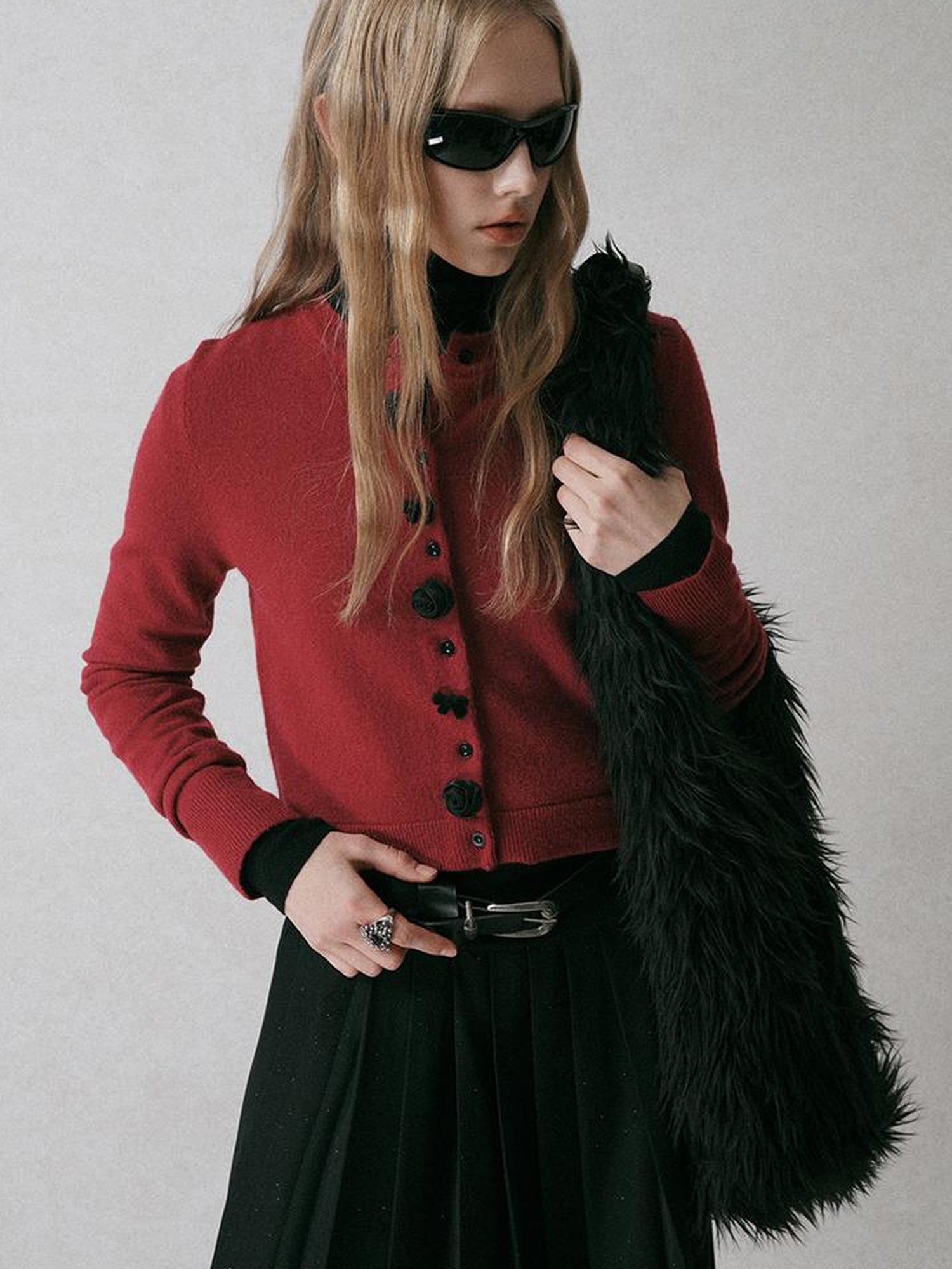 AnnoMundi Black Shoulder Wool Knit Cardigan With 3D Rose And Bow