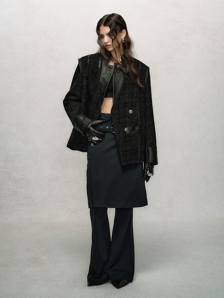 AnnoMundi Jupe noire superposée, taille haute, coupe slim, fluide, micro-évasée, pantalon en nylon évasé pour femme