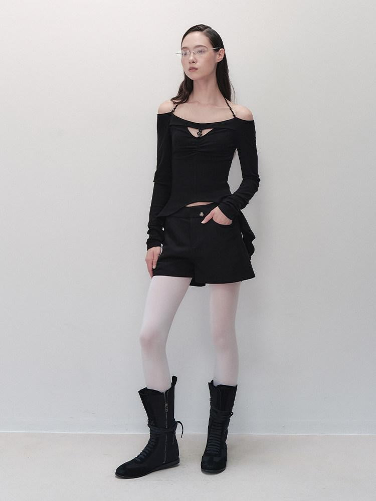 AnnoMundi Black Spliced V-neck Off Shoulder Women&
