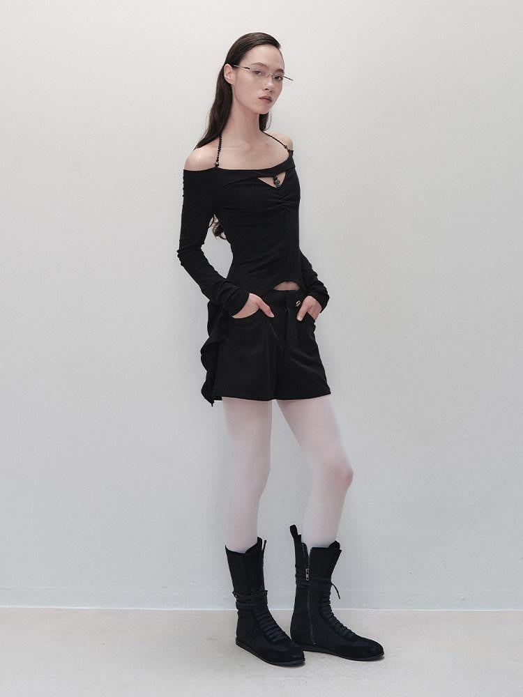 AnnoMundi Black Spliced V-neck Off Shoulder Women&