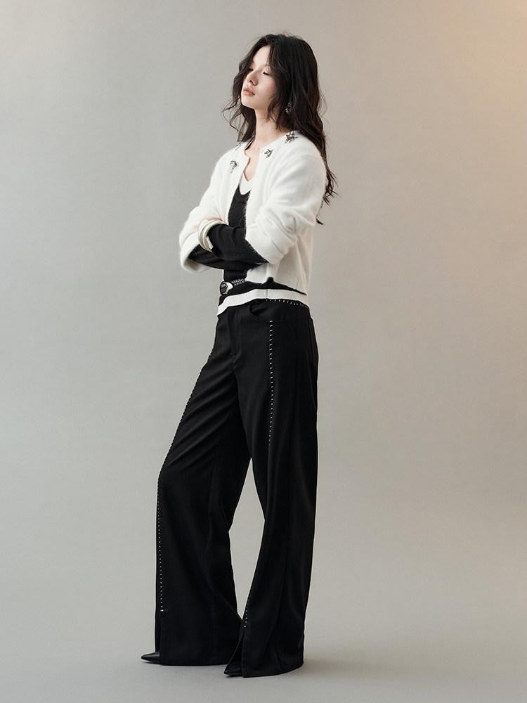 AnnoMundi Pantalon large en polyester pour femme, imprimé étoiles noires, taille mi-haute, ourlet fendu