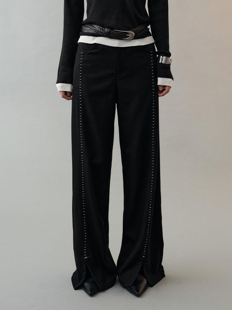 AnnoMundi Pantalon large en polyester pour femme, imprimé étoiles noires, taille mi-haute, ourlet fendu