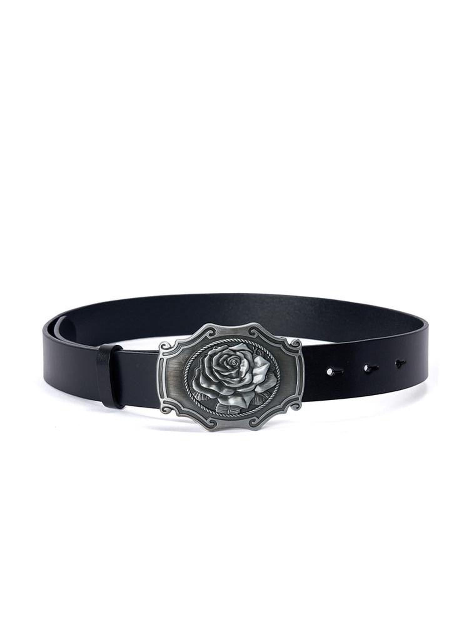 AnnoMundi Ceinture en cuir de vachette pleine fleur Black Vintage Rose Original Indie pour femmes