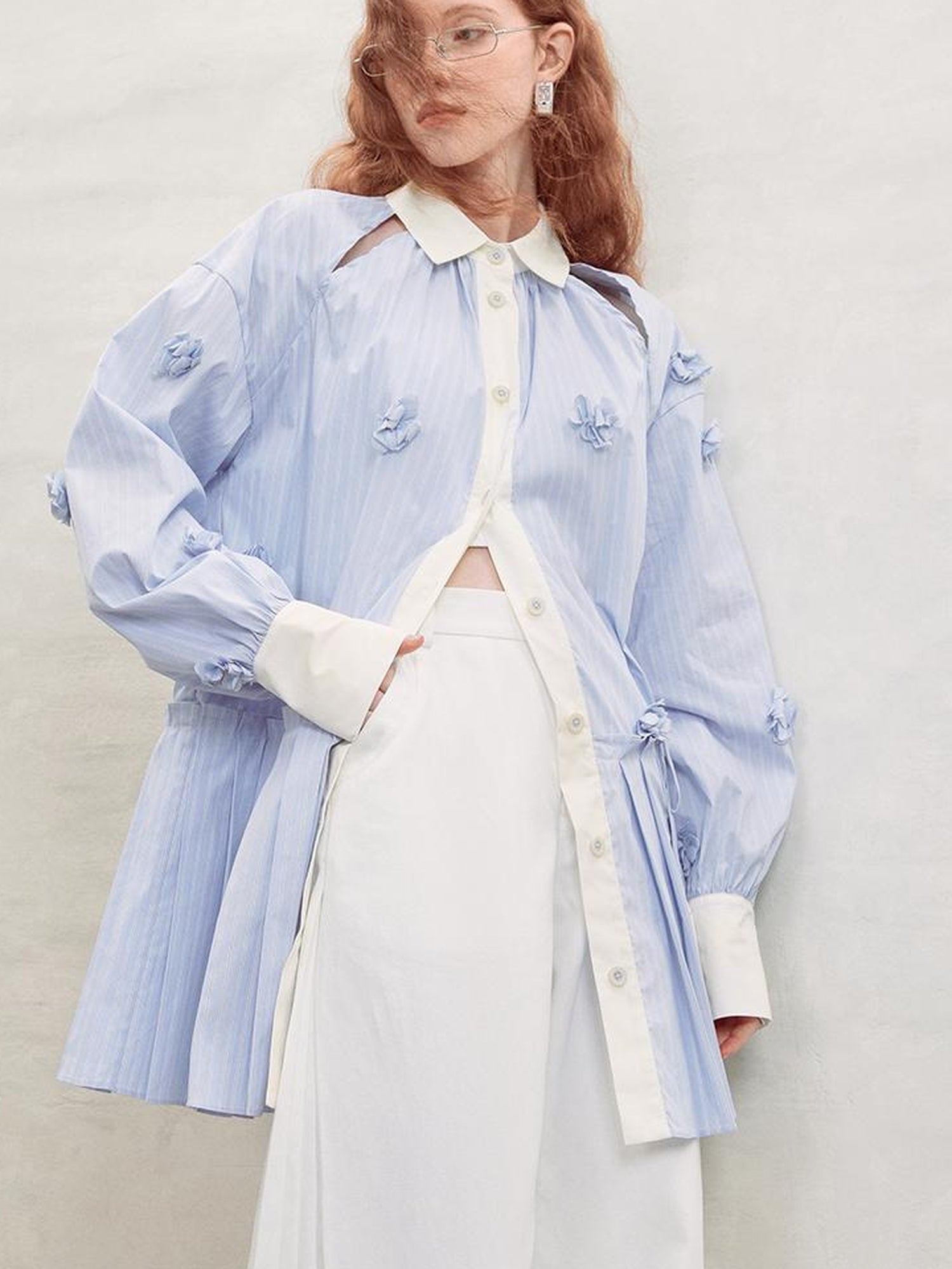 AnnoMundi Blue White Striped Floral Cut OuT-Shirt Dress