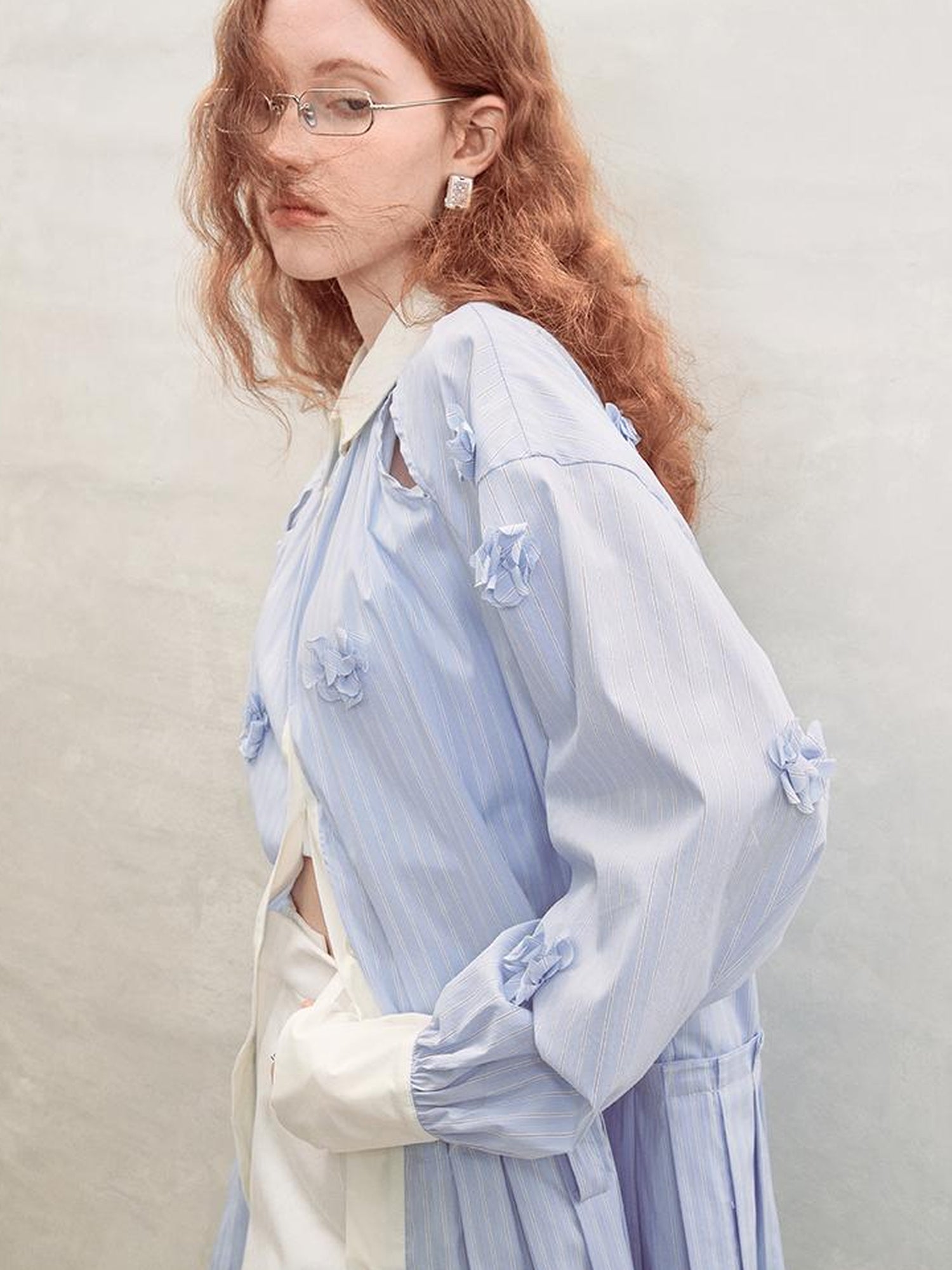 AnnoMundi Blue White Striped Floral Cut OuT-Shirt Dress