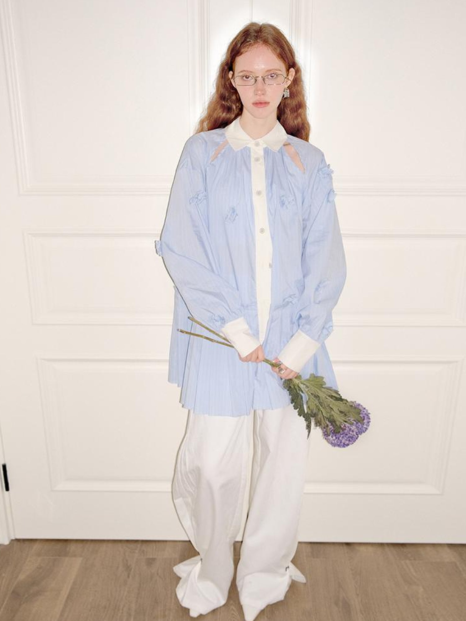 AnnoMundi Blue White Striped Floral Cut OuT-Shirt Dress