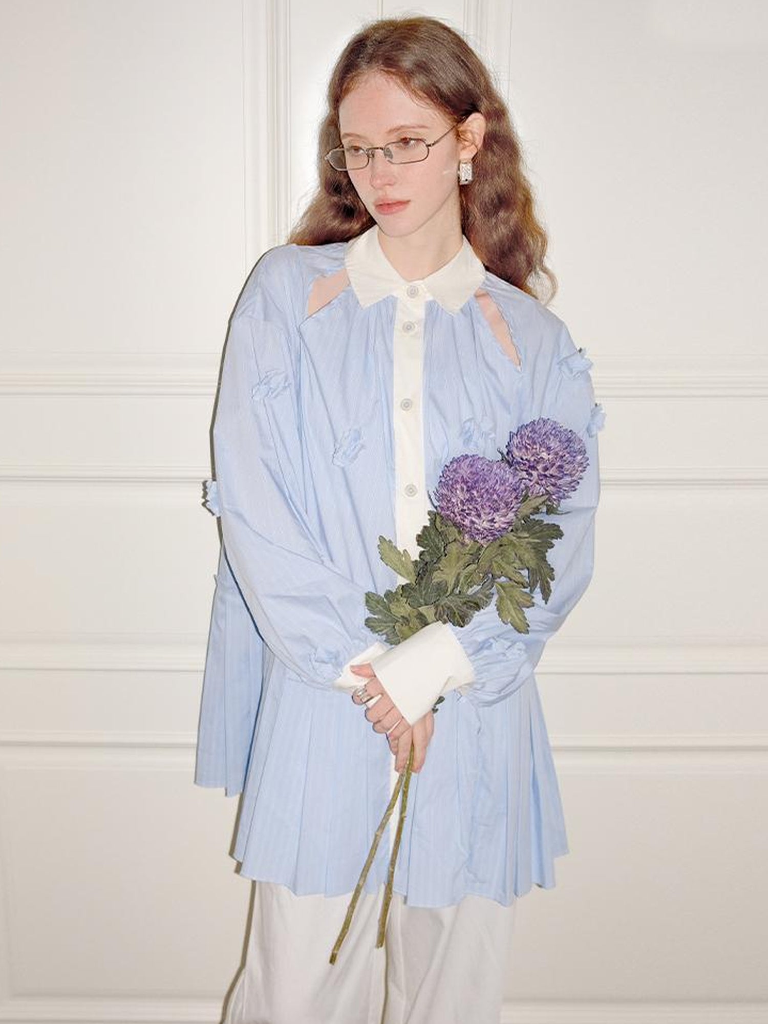 AnnoMundi Blue White Striped Floral Cut OuT-Shirt Dress