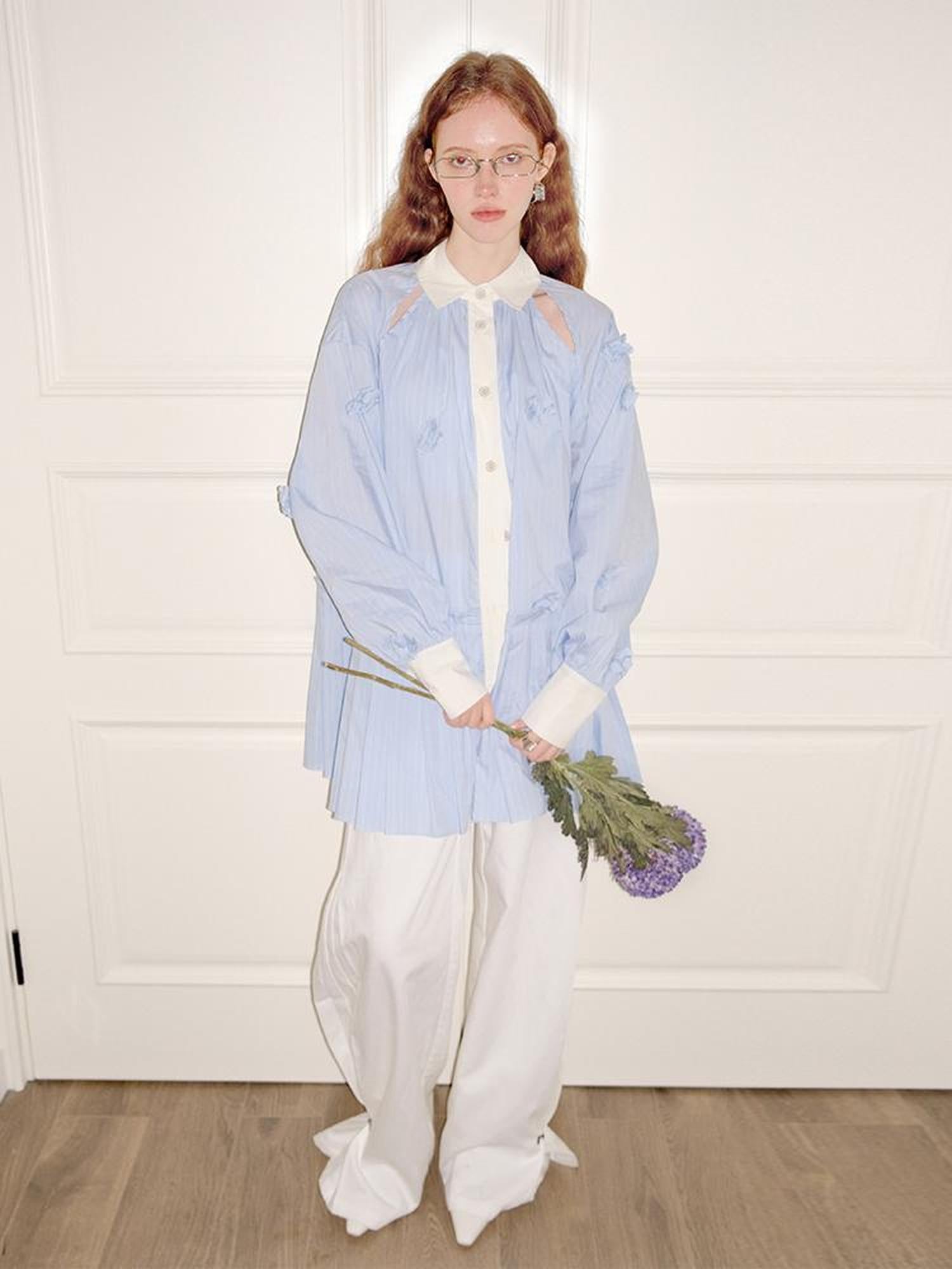 AnnoMundi Blue White Striped Floral Cut OuT-Shirt Dress
