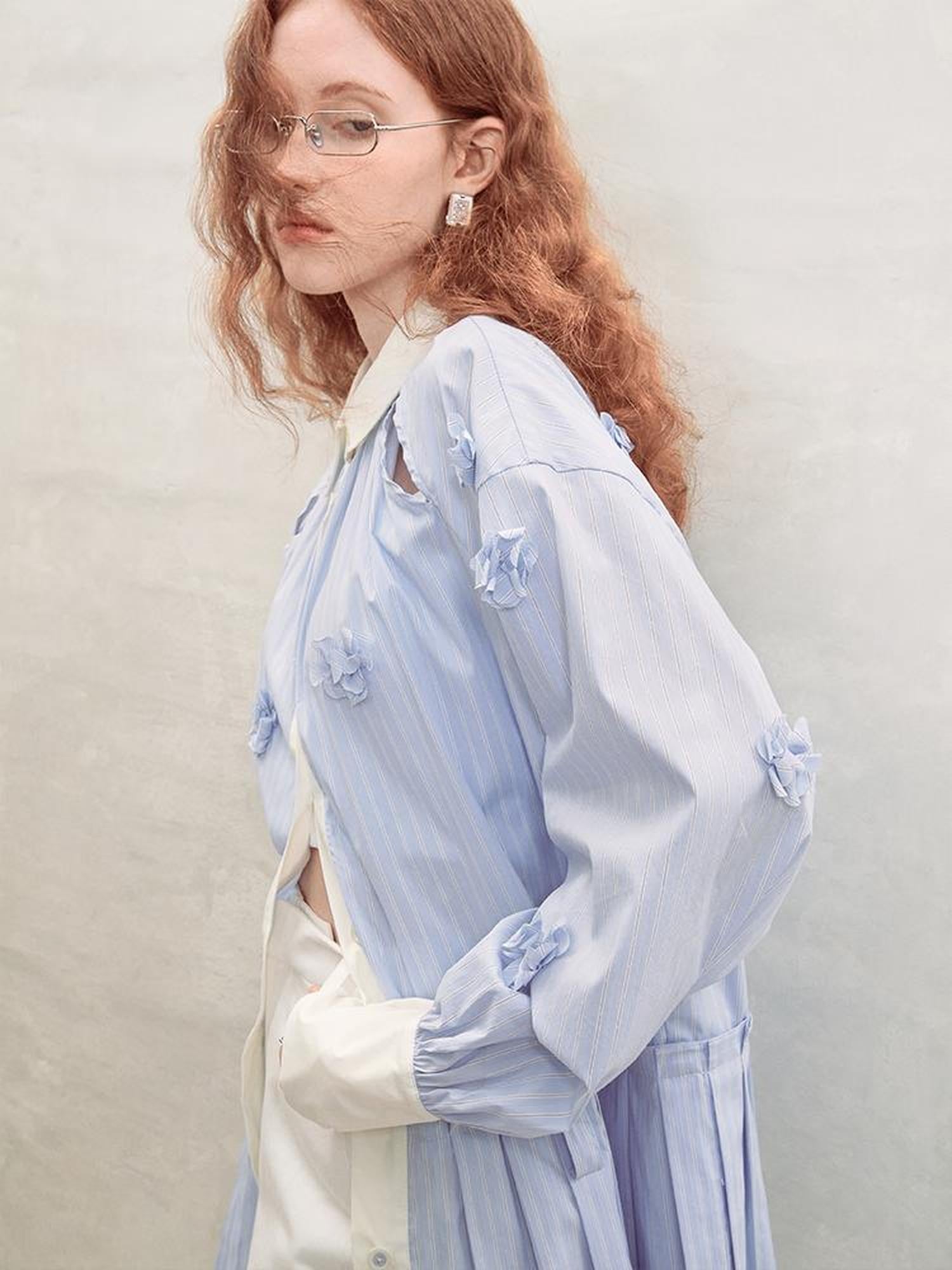 AnnoMundi Blue White Striped Floral Cut OuT-Shirt Dress