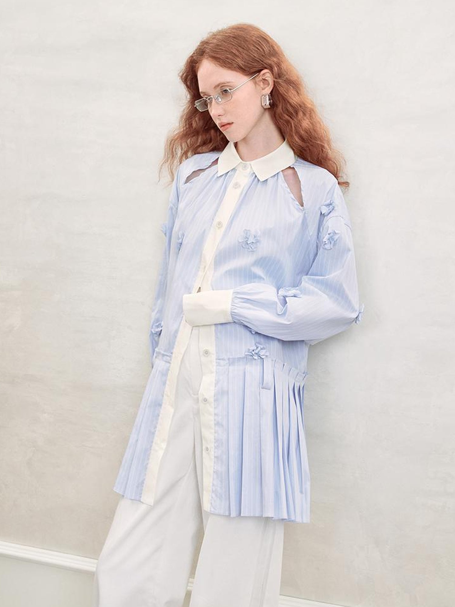 AnnoMundi Blue White Striped Floral Cut OuT-Shirt Dress