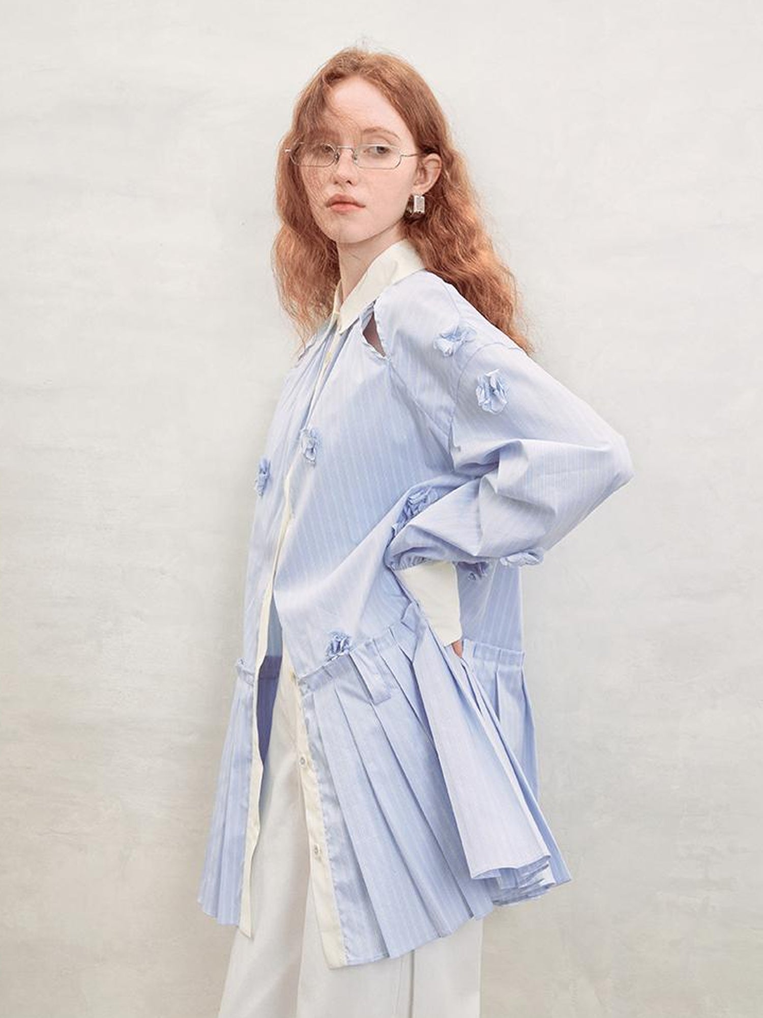 AnnoMundi Blue White Striped Floral Cut OuT-Shirt Dress