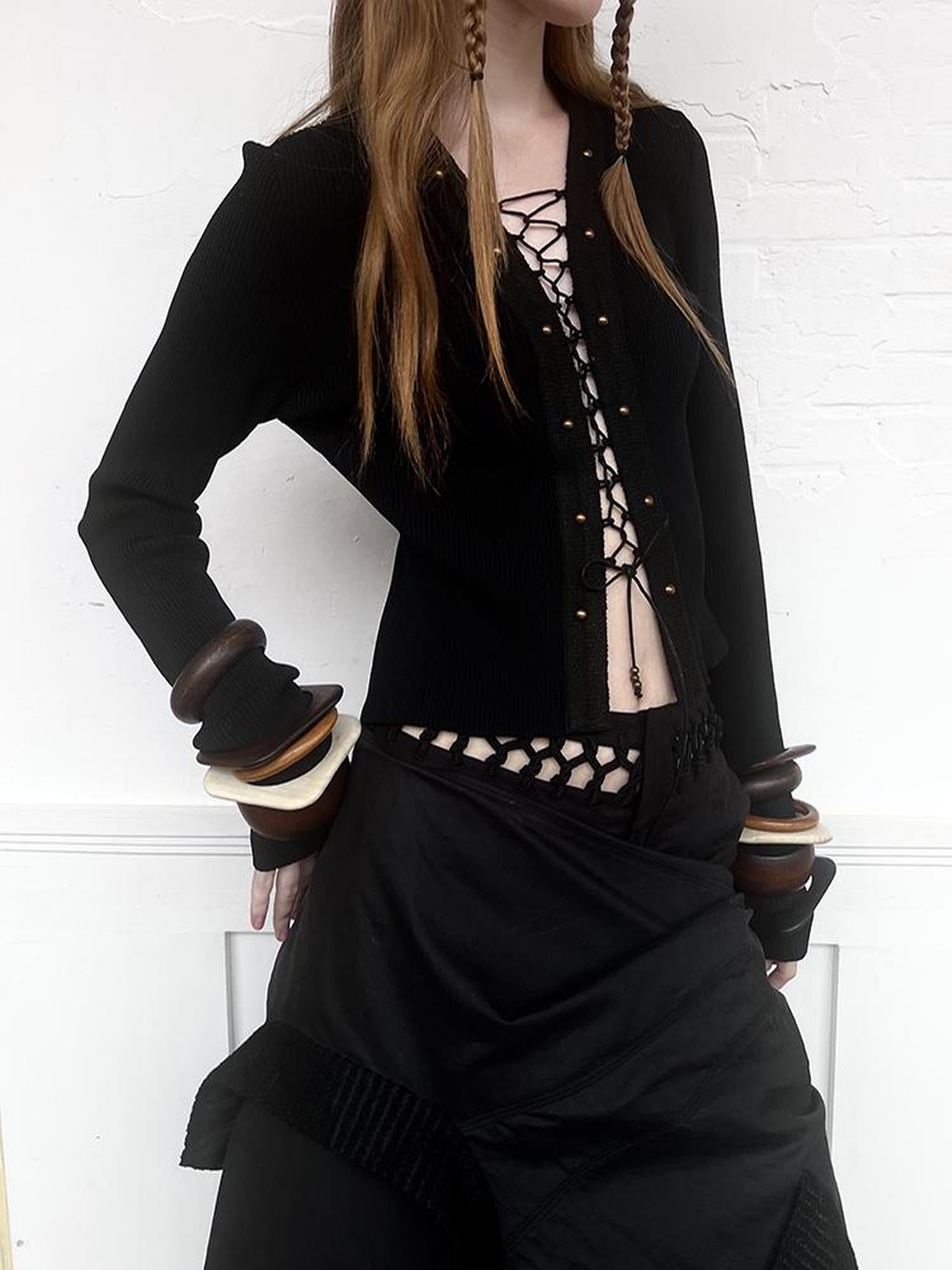 AnnoMundi Braided Knot Textured Crochet Top V Neck T Shirt Long Sleeve