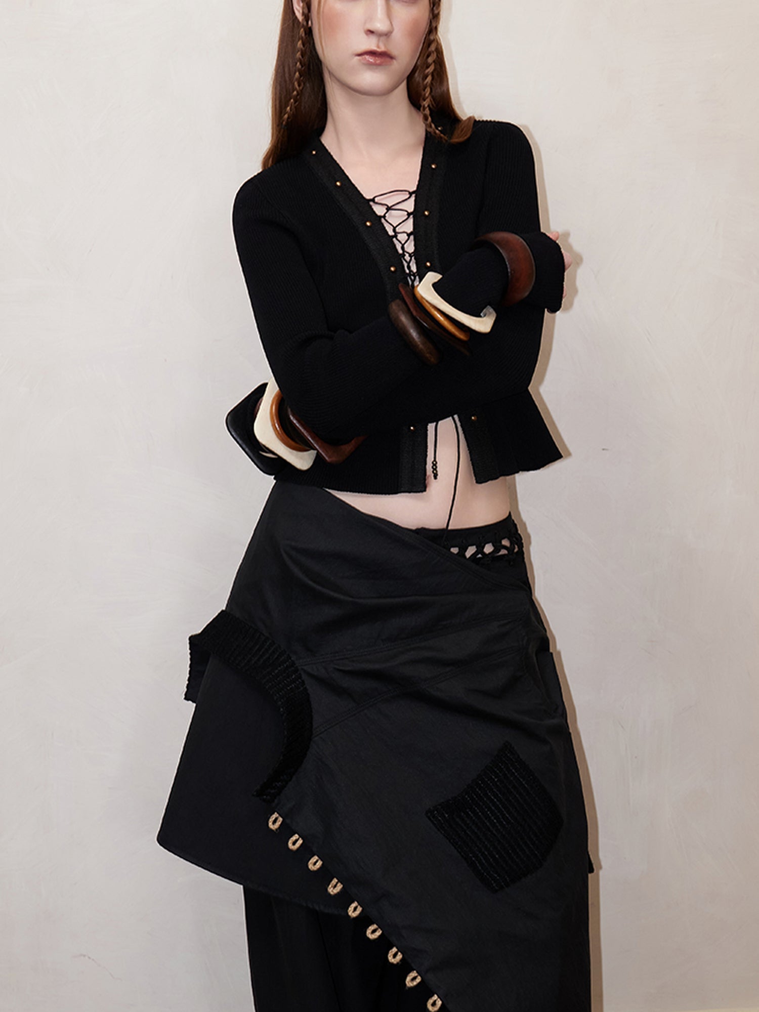 AnnoMundi Braided Knot Textured Crochet Top V Neck T Shirt Long Sleeve