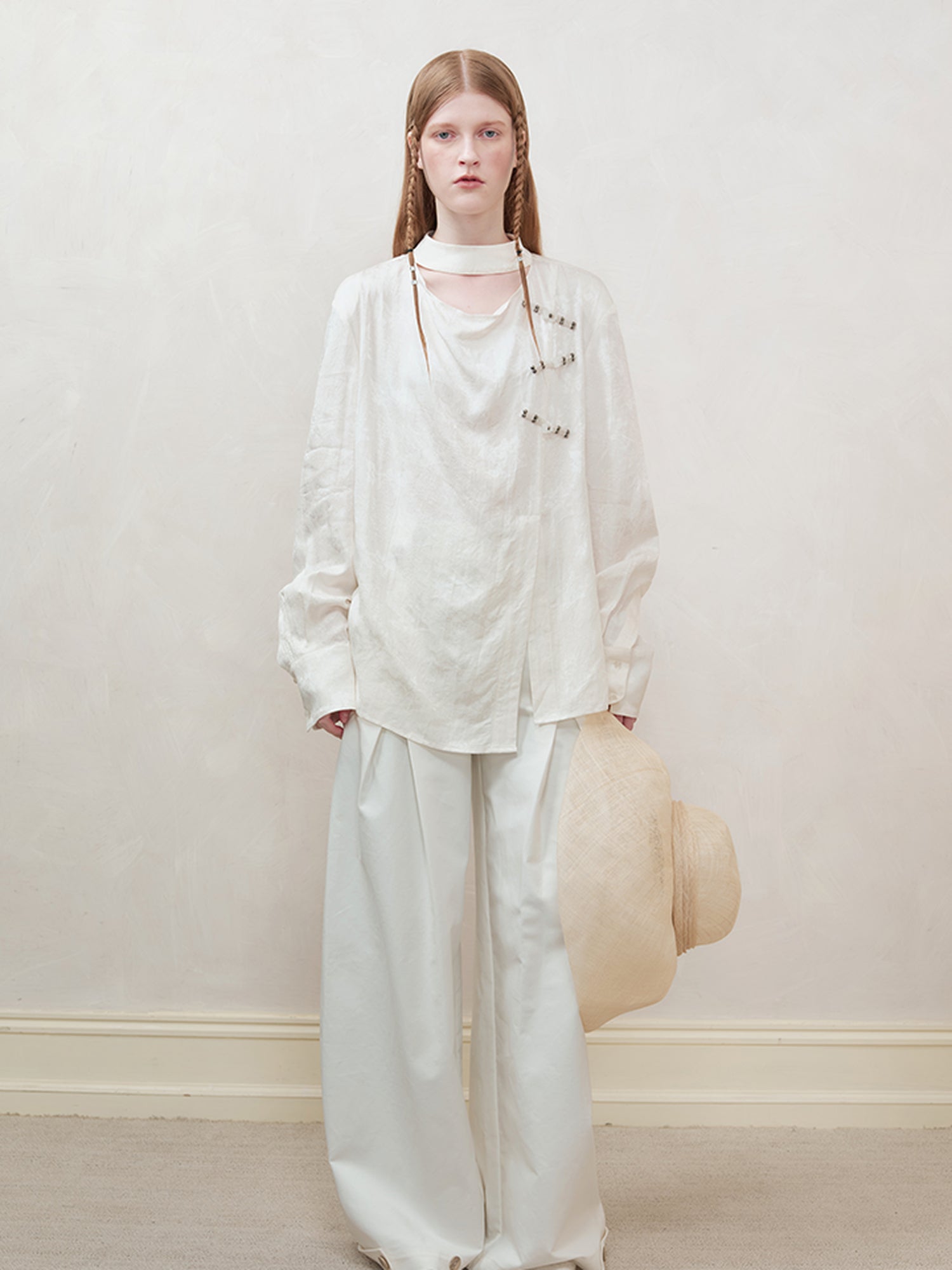 AnnoMundi Braided Knot Textured V-Neck Shirt With Beaded Closures
