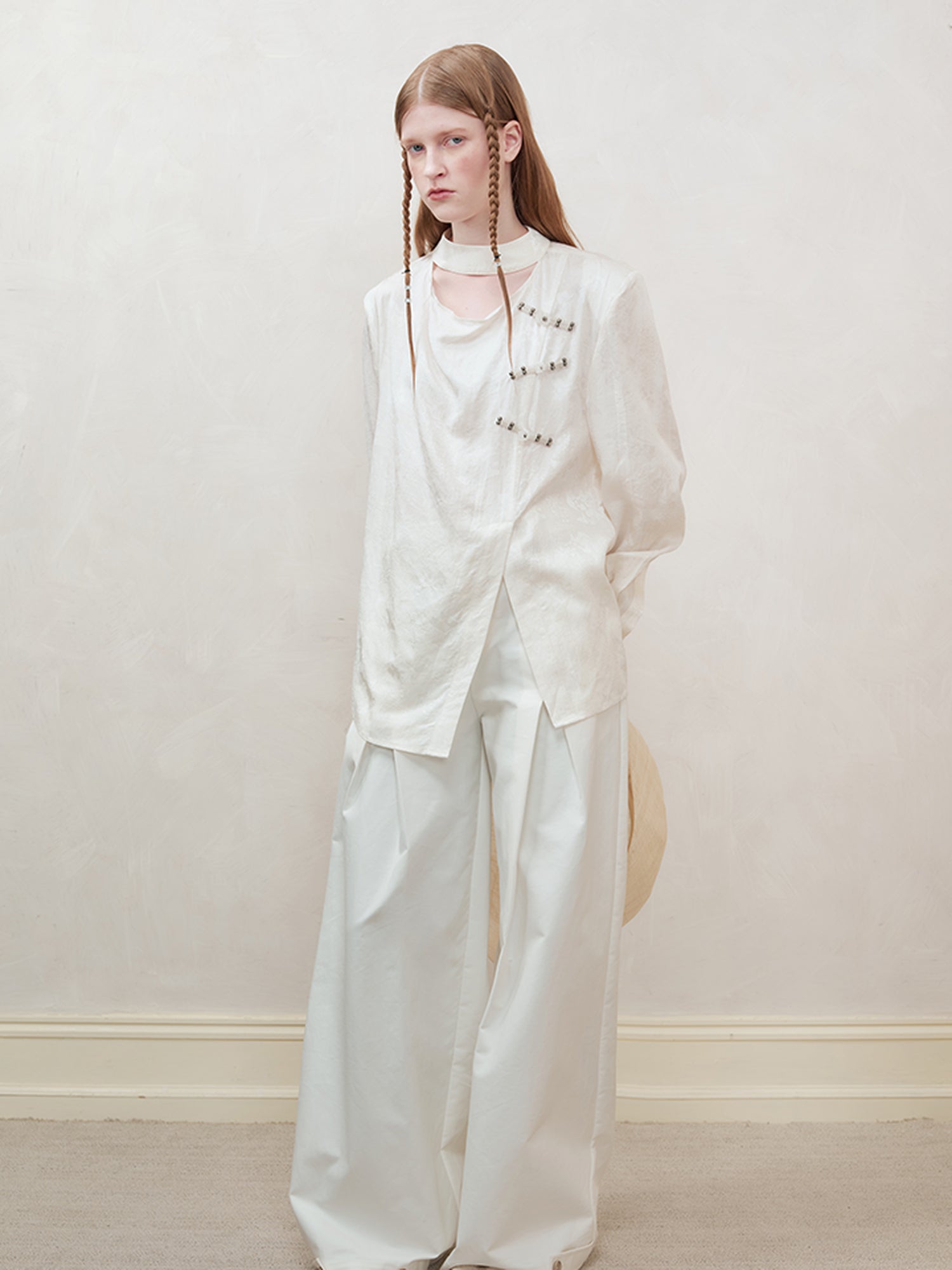 AnnoMundi Braided Knot Textured V-Neck Shirt With Beaded Closures