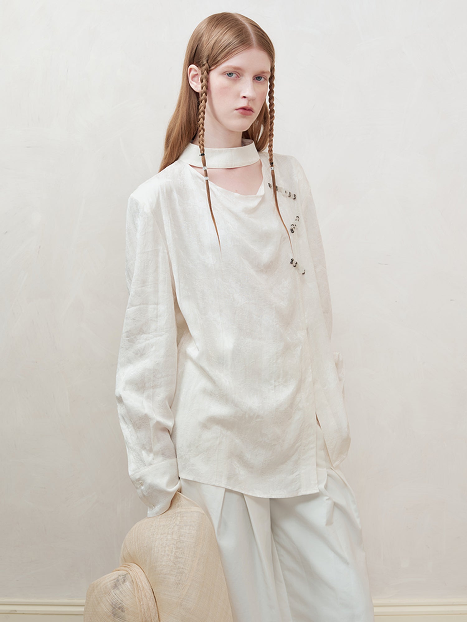 AnnoMundi Braided Knot Textured V-Neck Shirt With Beaded Closures