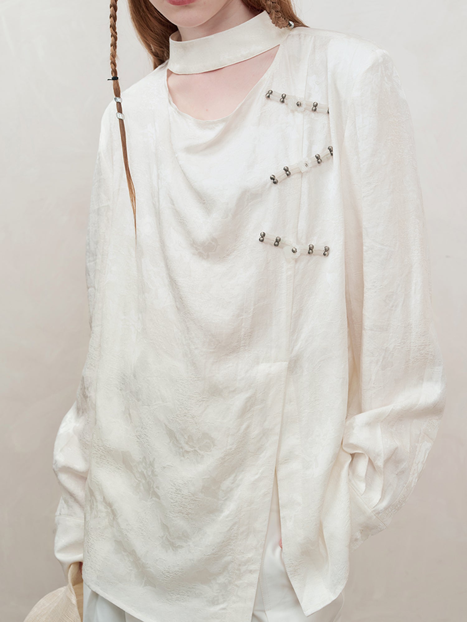 AnnoMundi Braided Knot Textured V-Neck Shirt With Beaded Closures