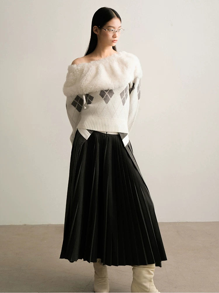 AnnoMundi Casual Pleated Patchwork Asymmetric Placket Mid Waist Grey Polyester Maxi Dresses