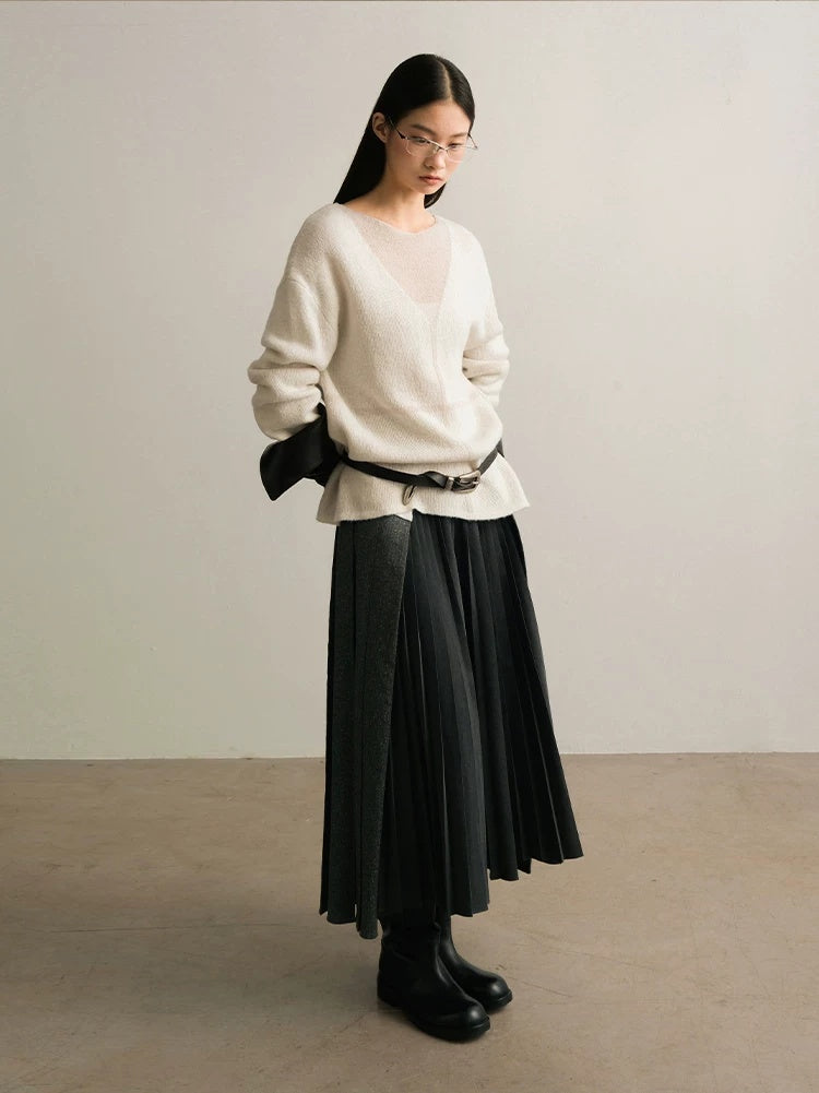 AnnoMundi Casual Pleated Patchwork Asymmetric Placket Mid Waist Grey Polyester Maxi Dresses