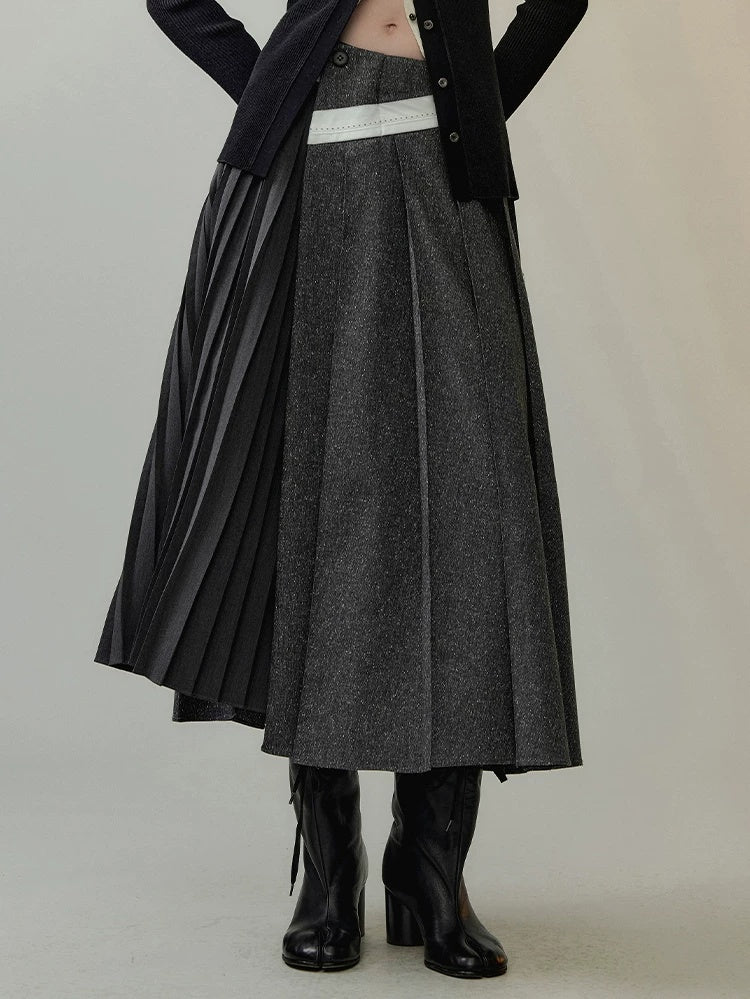 AnnoMundi Casual Pleated Patchwork Asymmetric Placket Mid Waist Grey Polyester Maxi Dresses