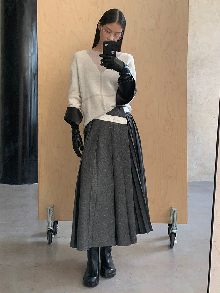 AnnoMundi Casual Pleated Patchwork Asymmetric Placket Mid Waist Grey Polyester Maxi Dresses