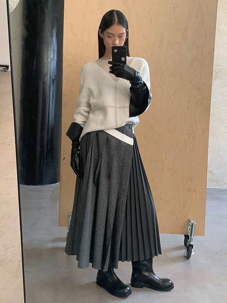 AnnoMundi Casual Pleated Patchwork Asymmetric Placket Mid Waist Grey Polyester Maxi Dresses