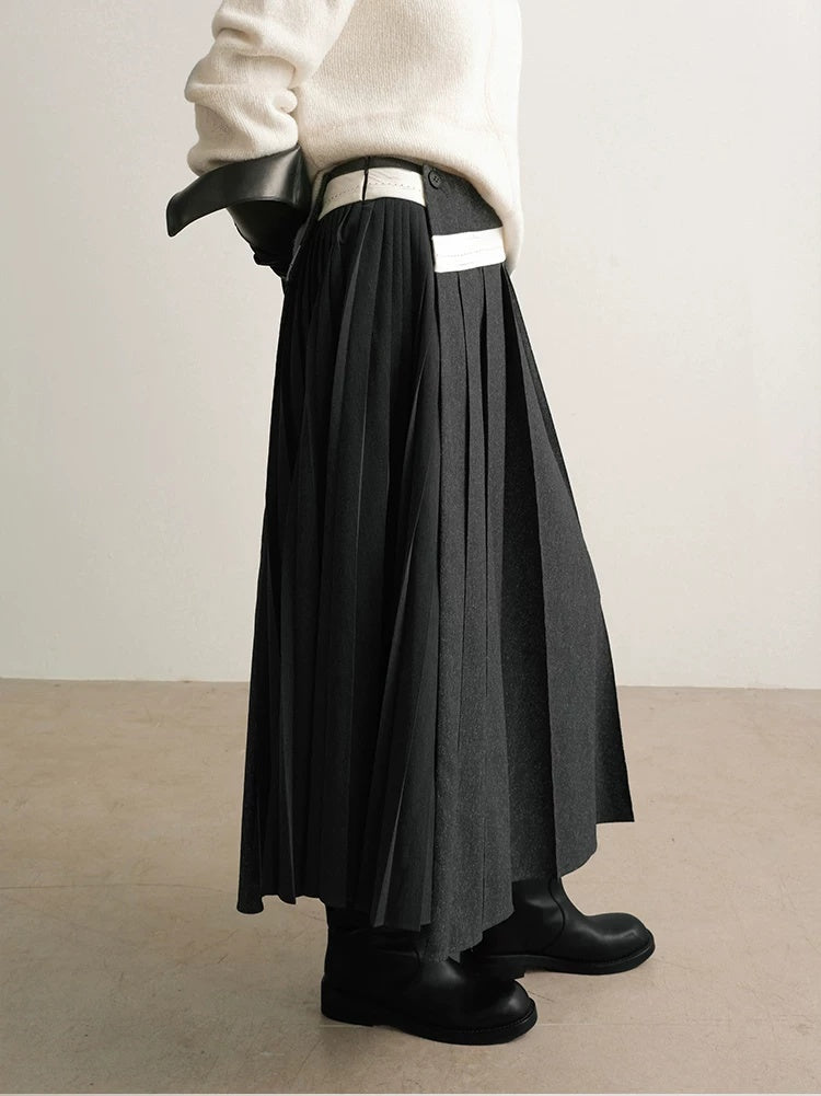 AnnoMundi Casual Pleated Patchwork Asymmetric Placket Mid Waist Grey Polyester Maxi Dresses