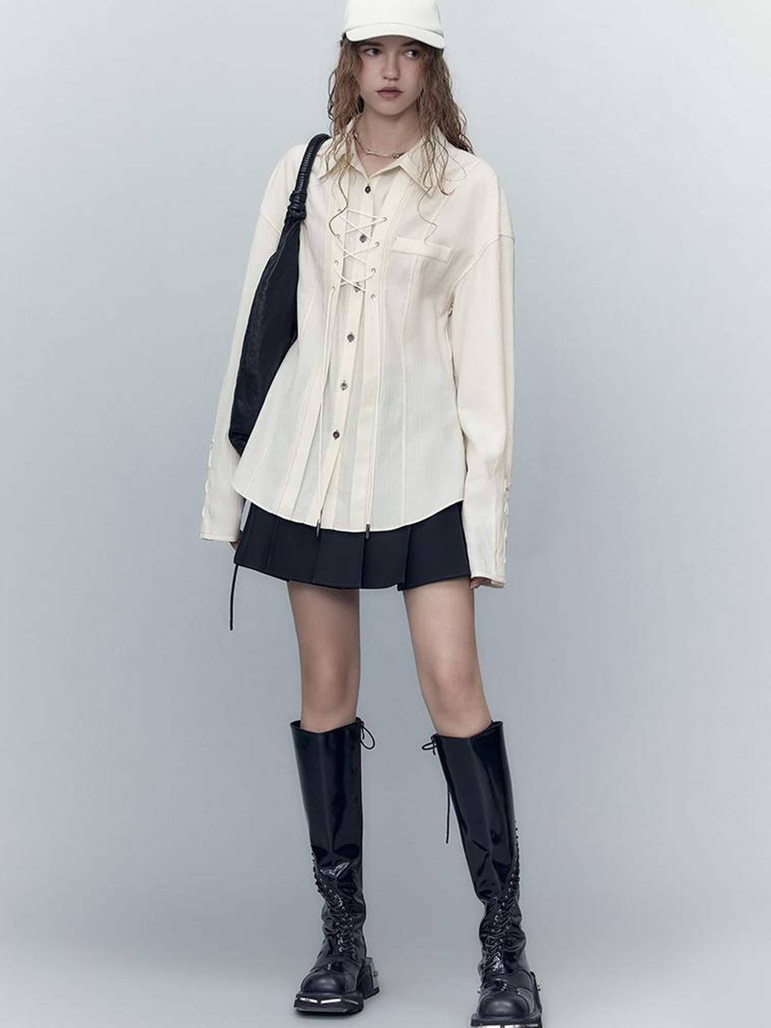 AnnoMundi Classic Pleated Tencel Shirt With Layered Placket And Waist Tie