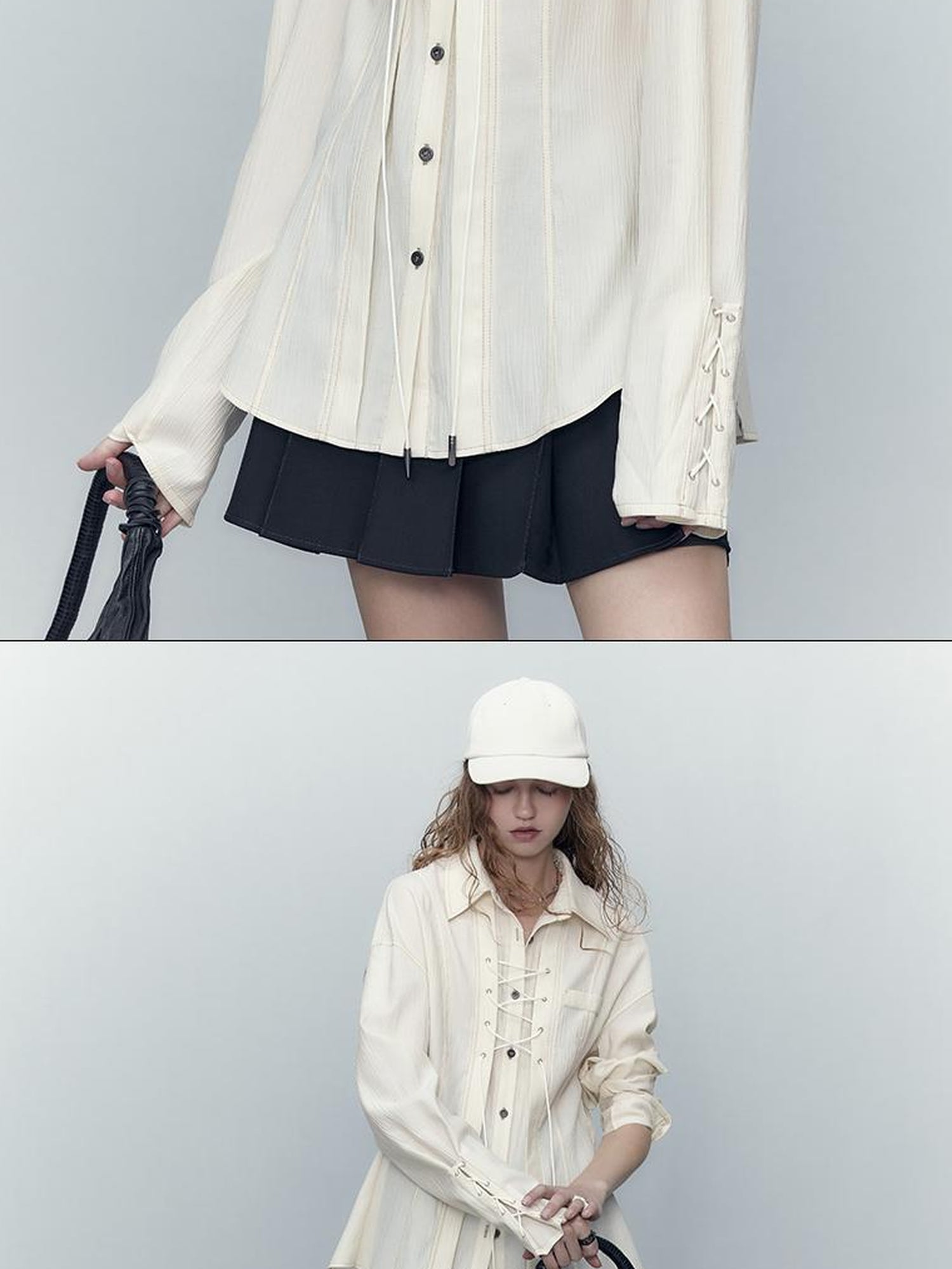 AnnoMundi Classic Pleated Tencel Shirt With Layered Placket And Waist Tie