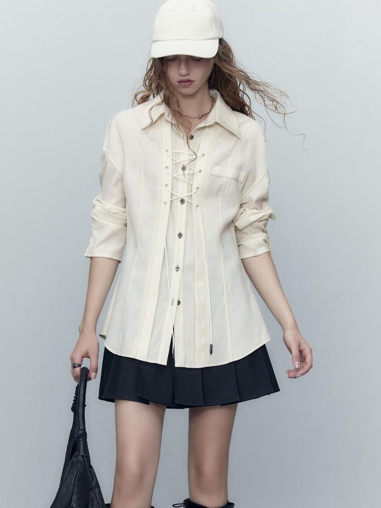AnnoMundi Classic Pleated Tencel Shirt With Layered Placket And Waist Tie