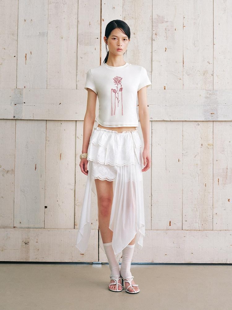 AnnoMundi Jupe midi asymétrique en coton pour femmes, en gaze nuageuse, broderie superposée, dentelle et volants
