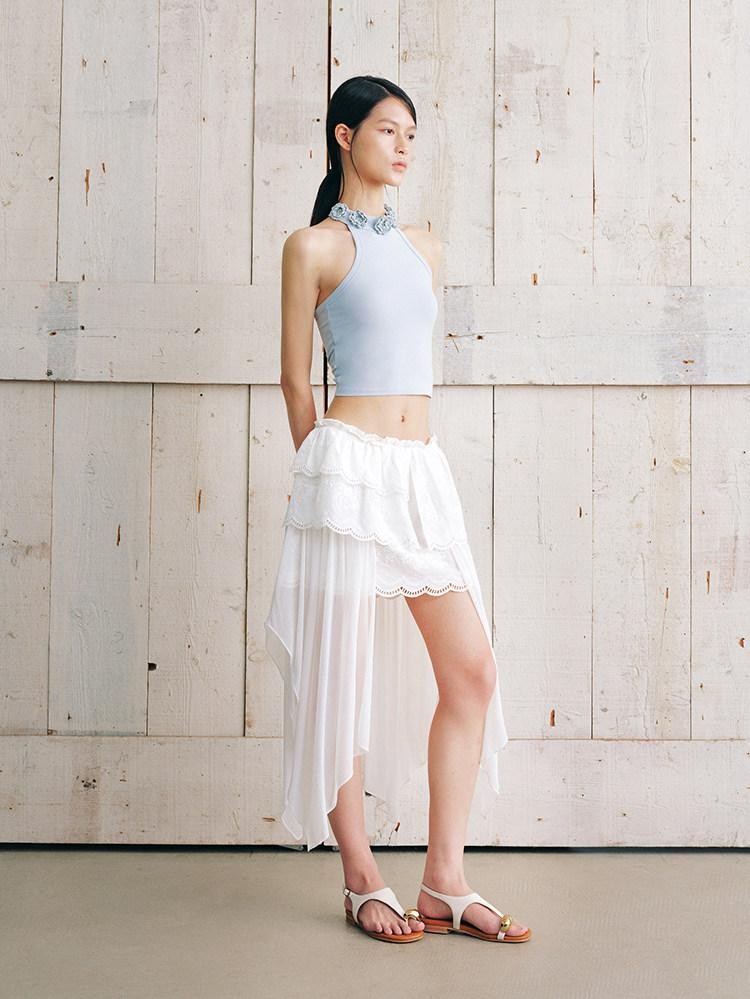 AnnoMundi Jupe midi asymétrique en coton pour femmes, en gaze nuageuse, broderie superposée, dentelle et volants