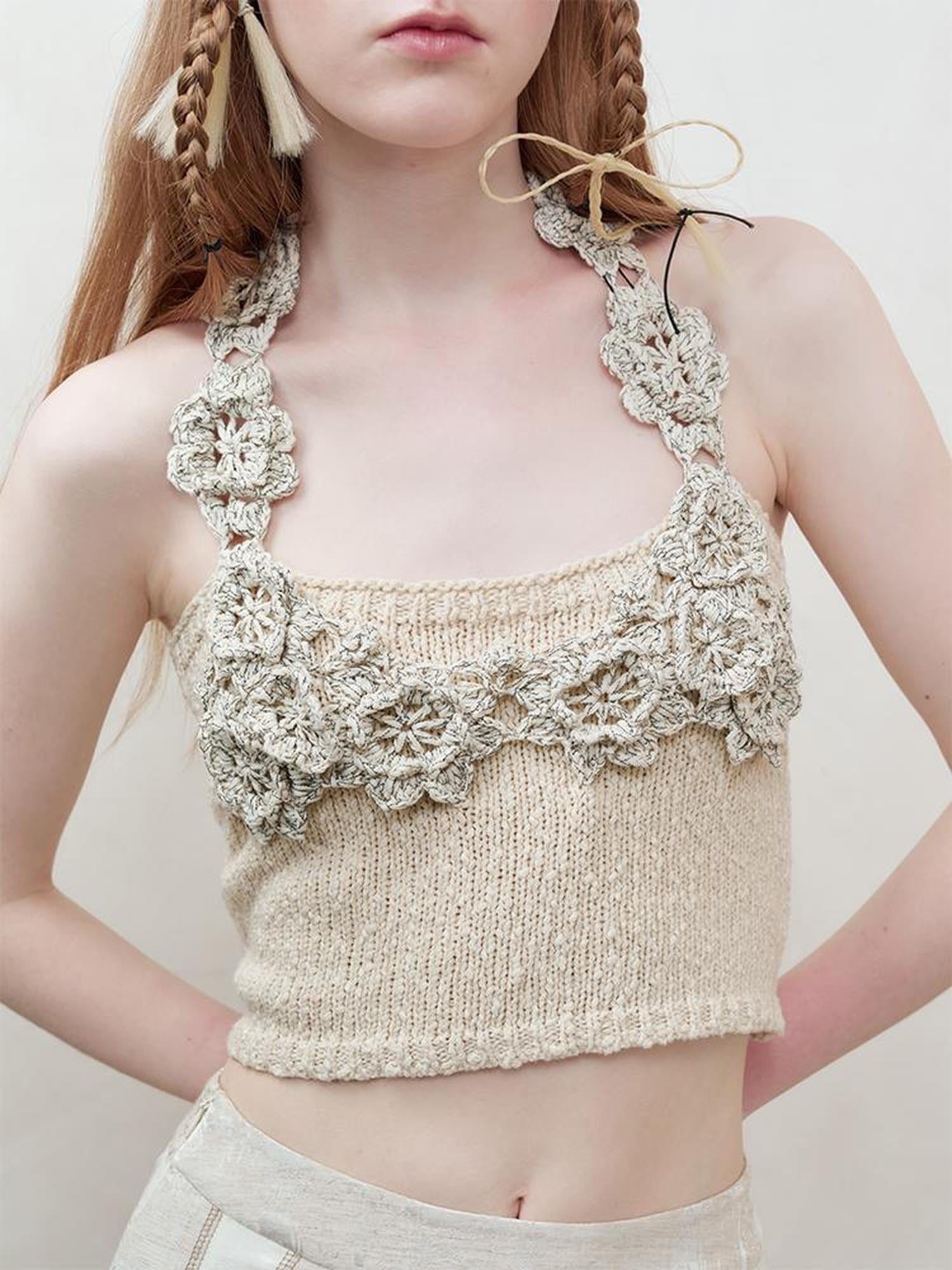 AnnoMundi Cluster Knot Braided Texture Crochet Vest V Neck T Shirt Long Sleeve