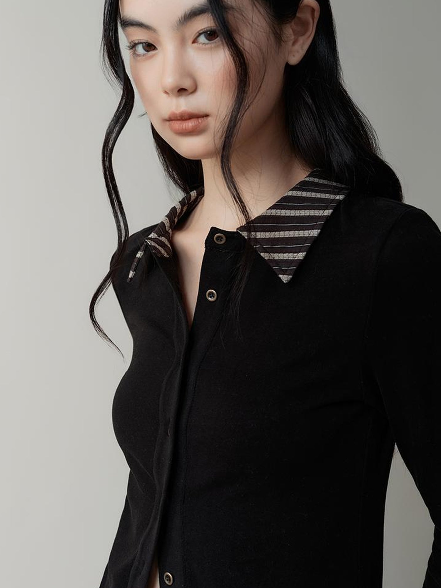 AnnoMundi Contrast Collar Striped Knit Shirt Dress