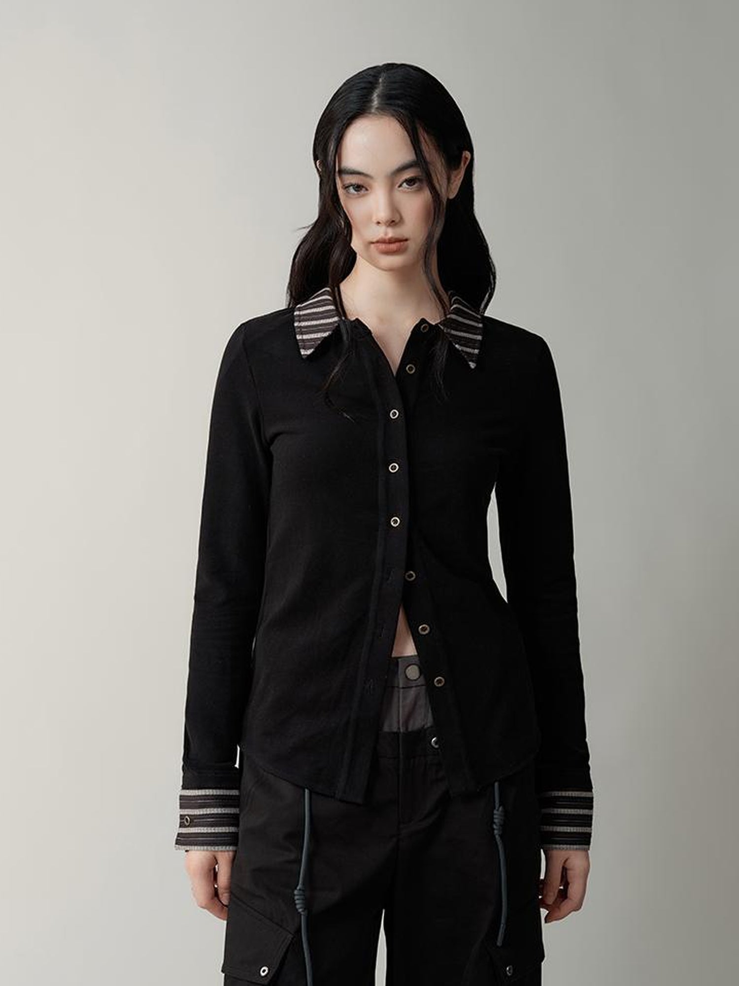 AnnoMundi Contrast Collar Striped Knit Shirt Dress