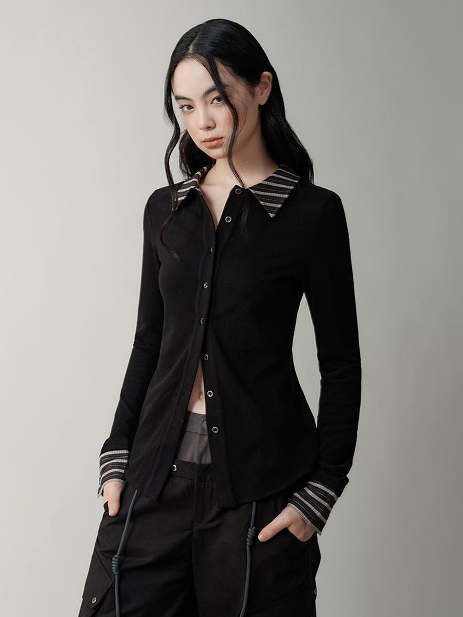 AnnoMundi Contrast Collar Striped Knit Shirt Dress