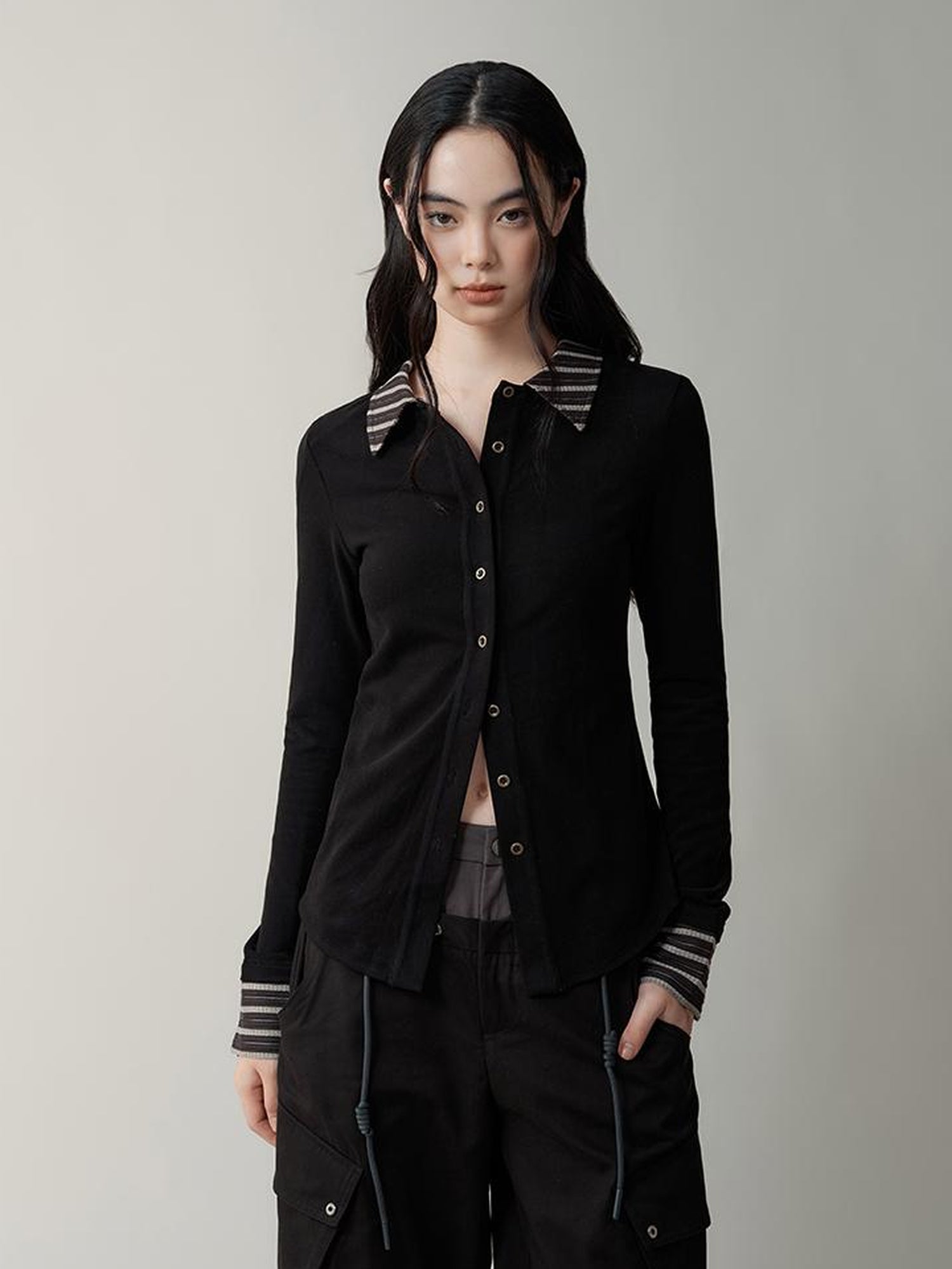 AnnoMundi Contrast Collar Striped Knit Shirt Dress