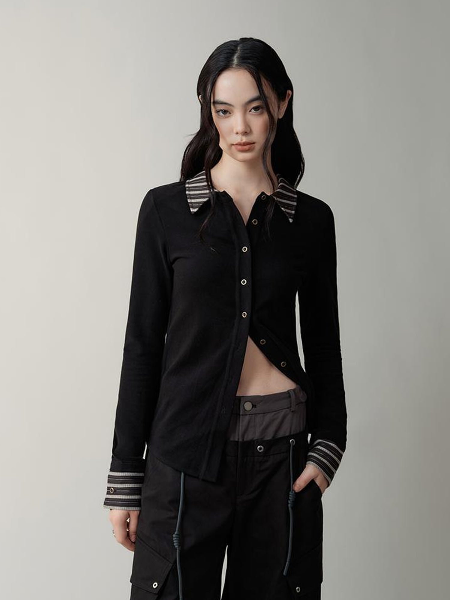 AnnoMundi Contrast Collar Striped Knit Shirt Dress
