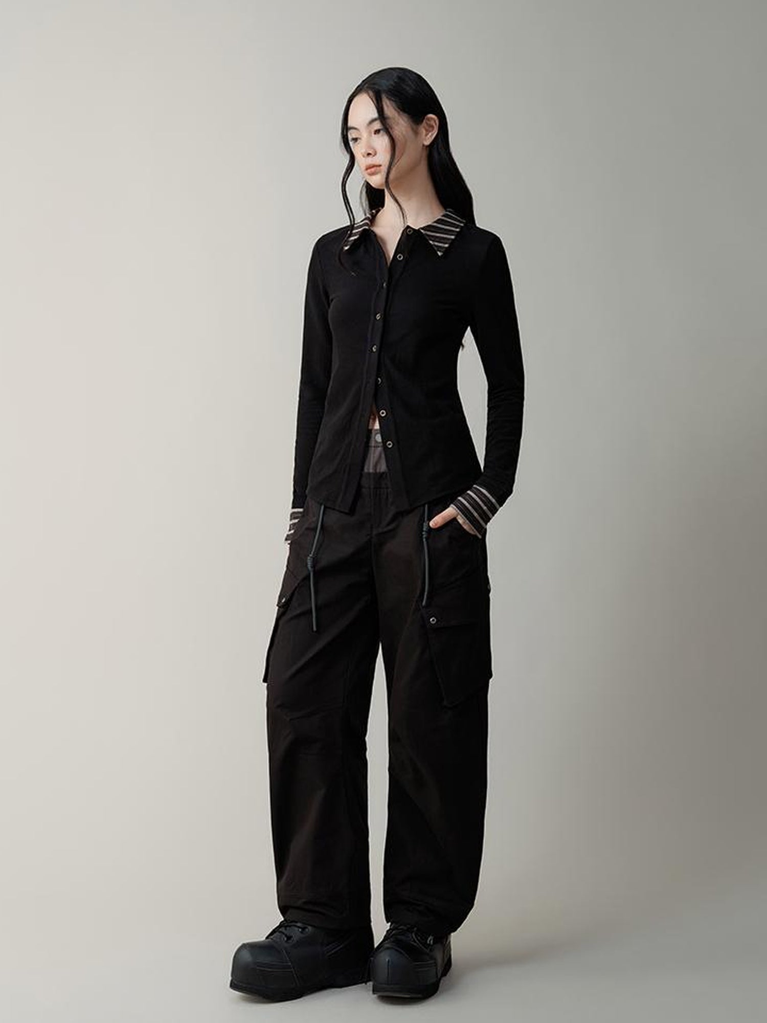 AnnoMundi Contrast Collar Striped Knit Shirt Dress