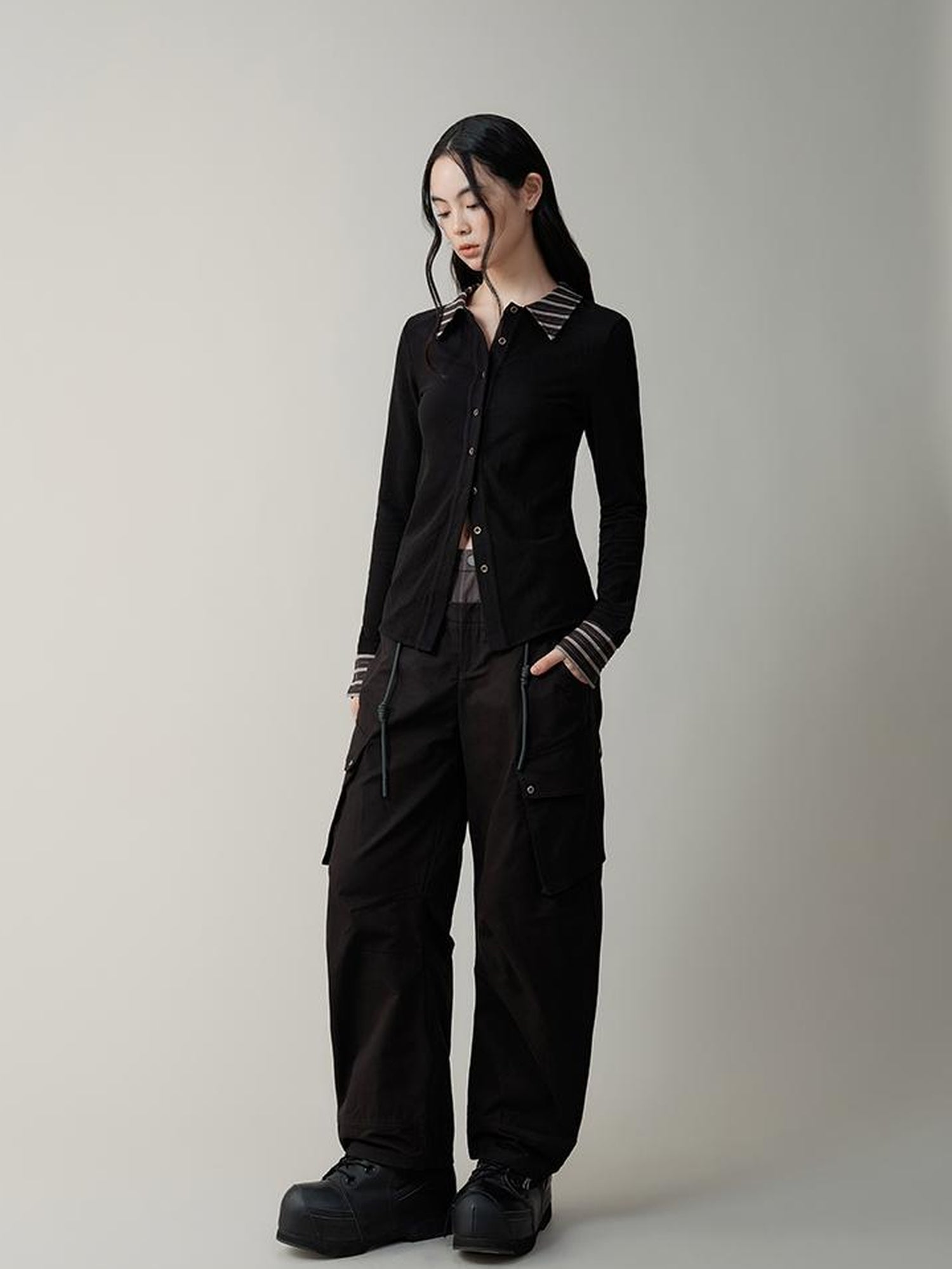 AnnoMundi Contrast Collar Striped Knit Shirt Dress
