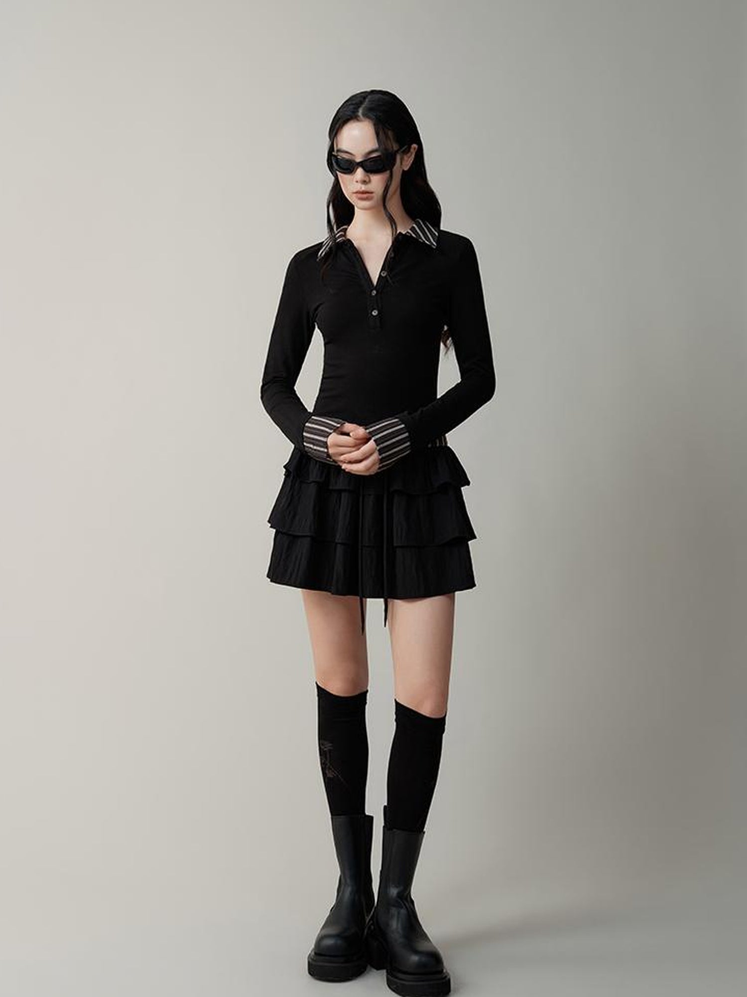 AnnoMundi Contrast Collar Striped Knit Shirt Dress