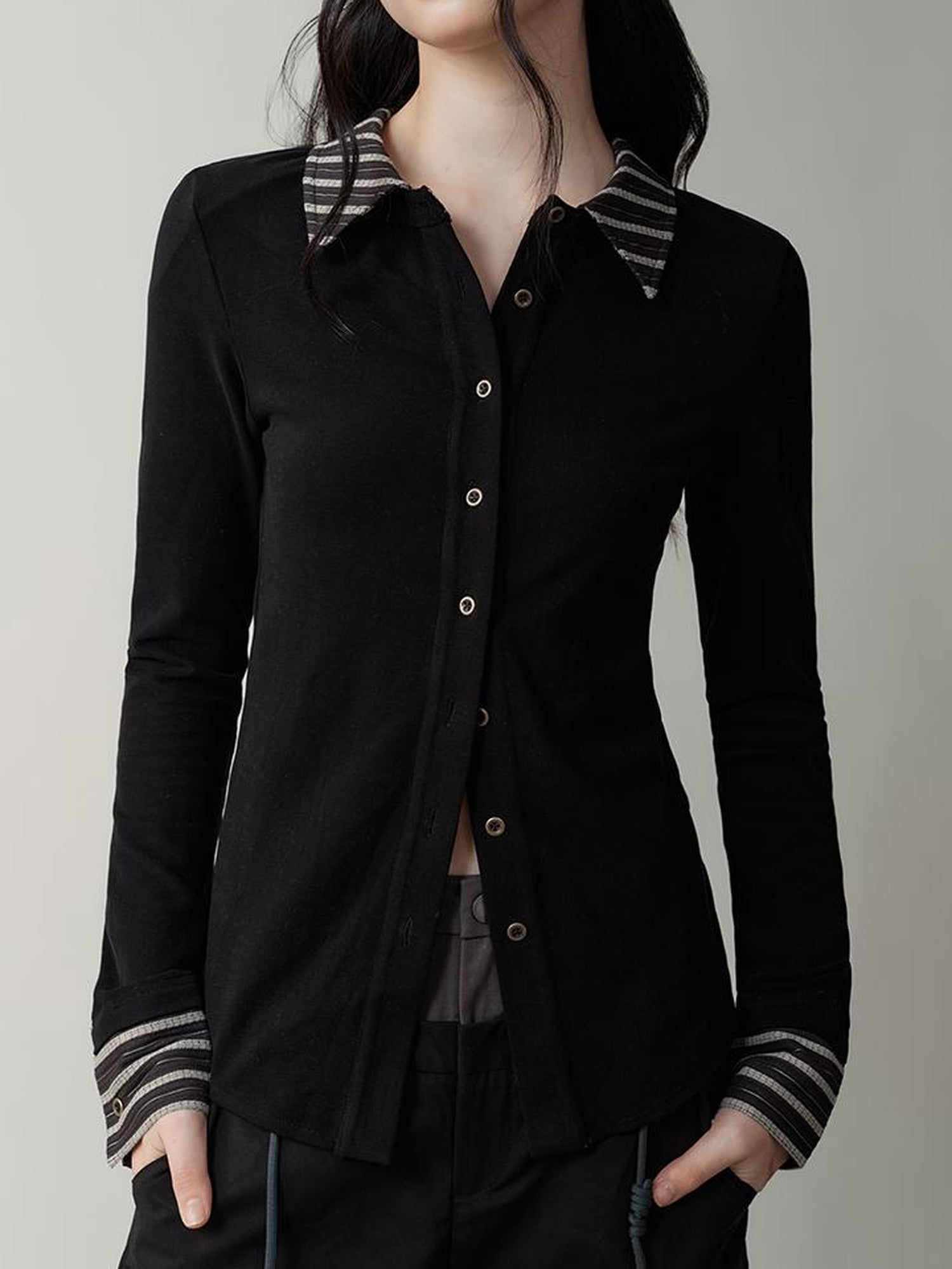 AnnoMundi Contrast Collar Striped Knit Shirt Dress