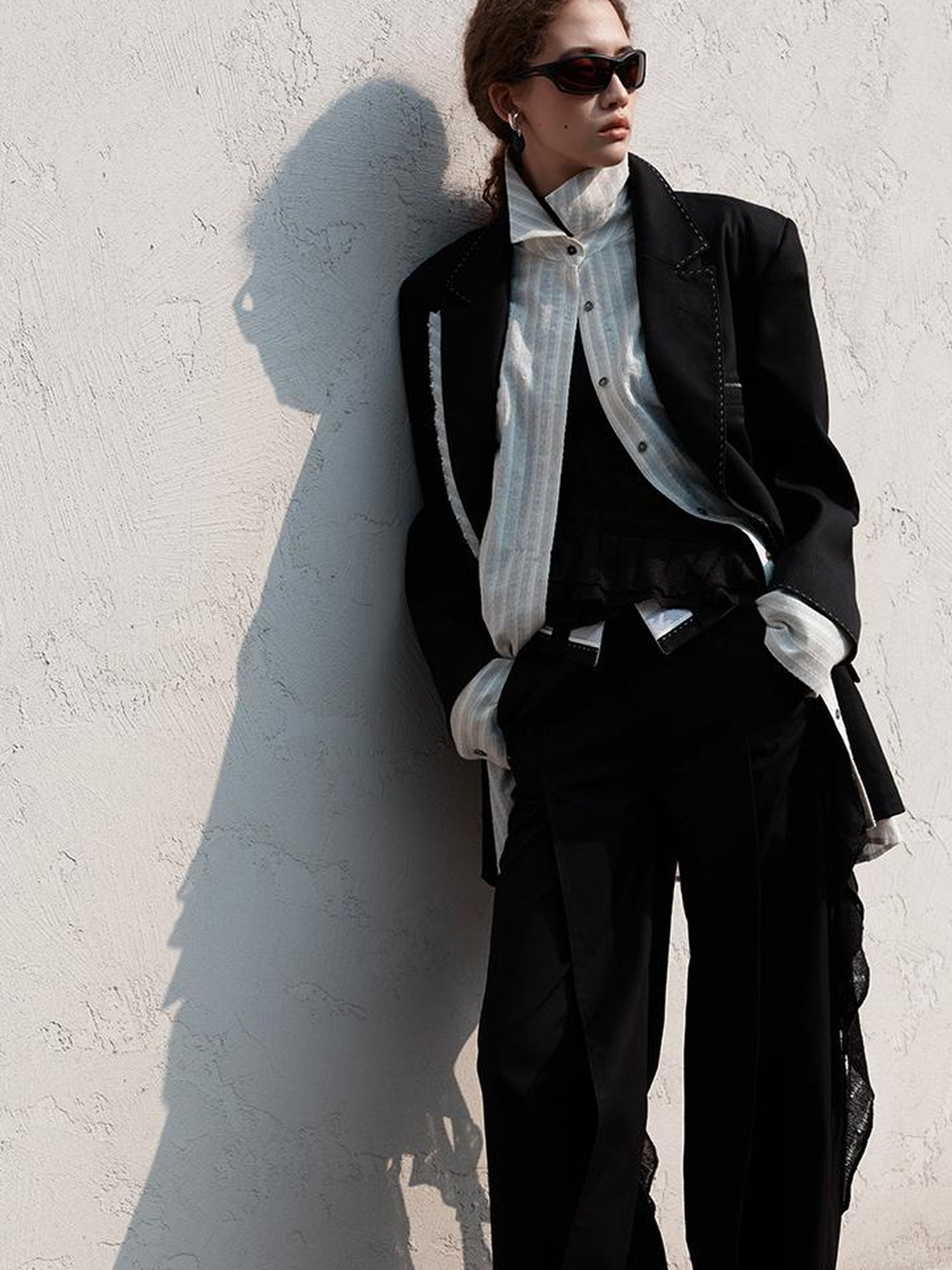 AnnoMundi Contrast Color Two Tone Stripe Oversized Shirt Blazer