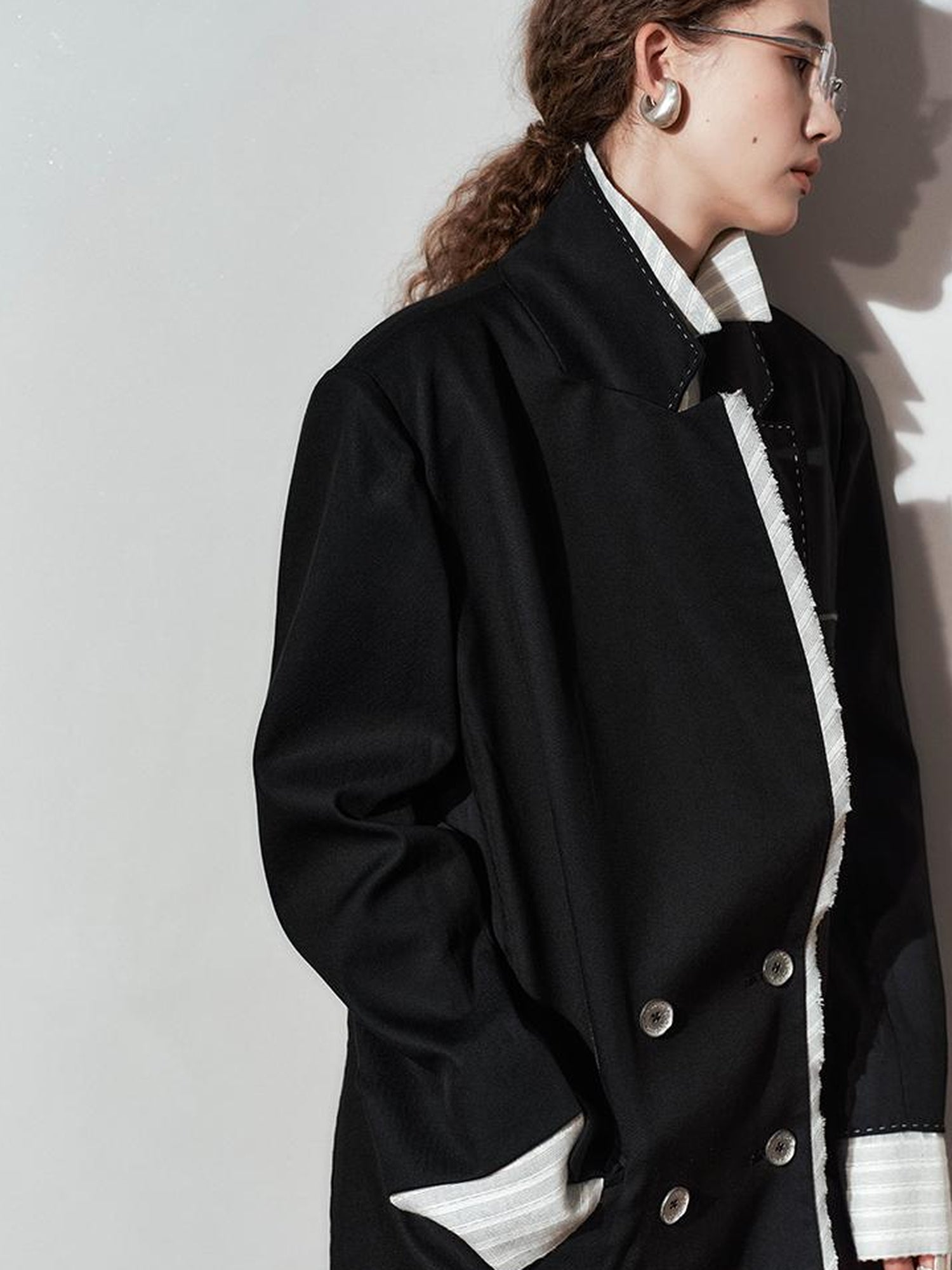 AnnoMundi Contrast Color Two Tone Stripe Oversized Shirt Blazer