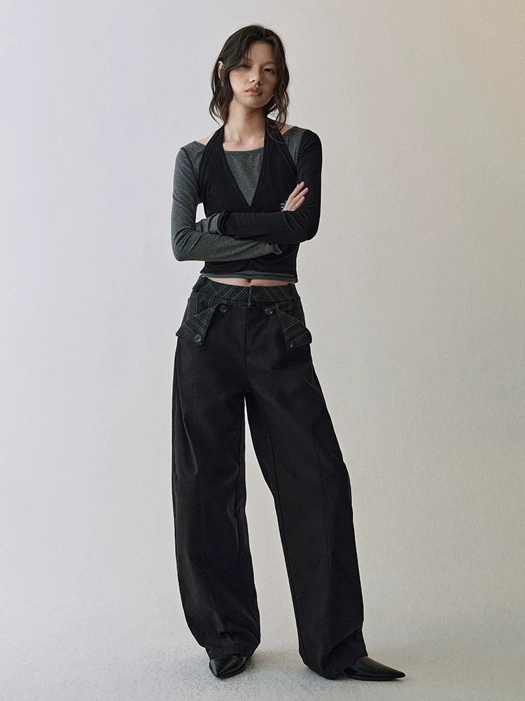 AnnoMundi Cotton 100% High Waist Patchwork Casual Womens Double Waist Pants