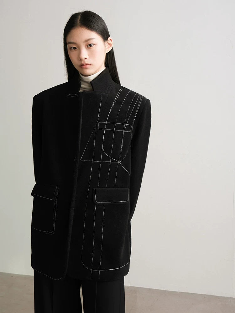 AnnoMundi Cozy Wool Blend Asymmetrical Casual Standard Fit Womens Black Jacket