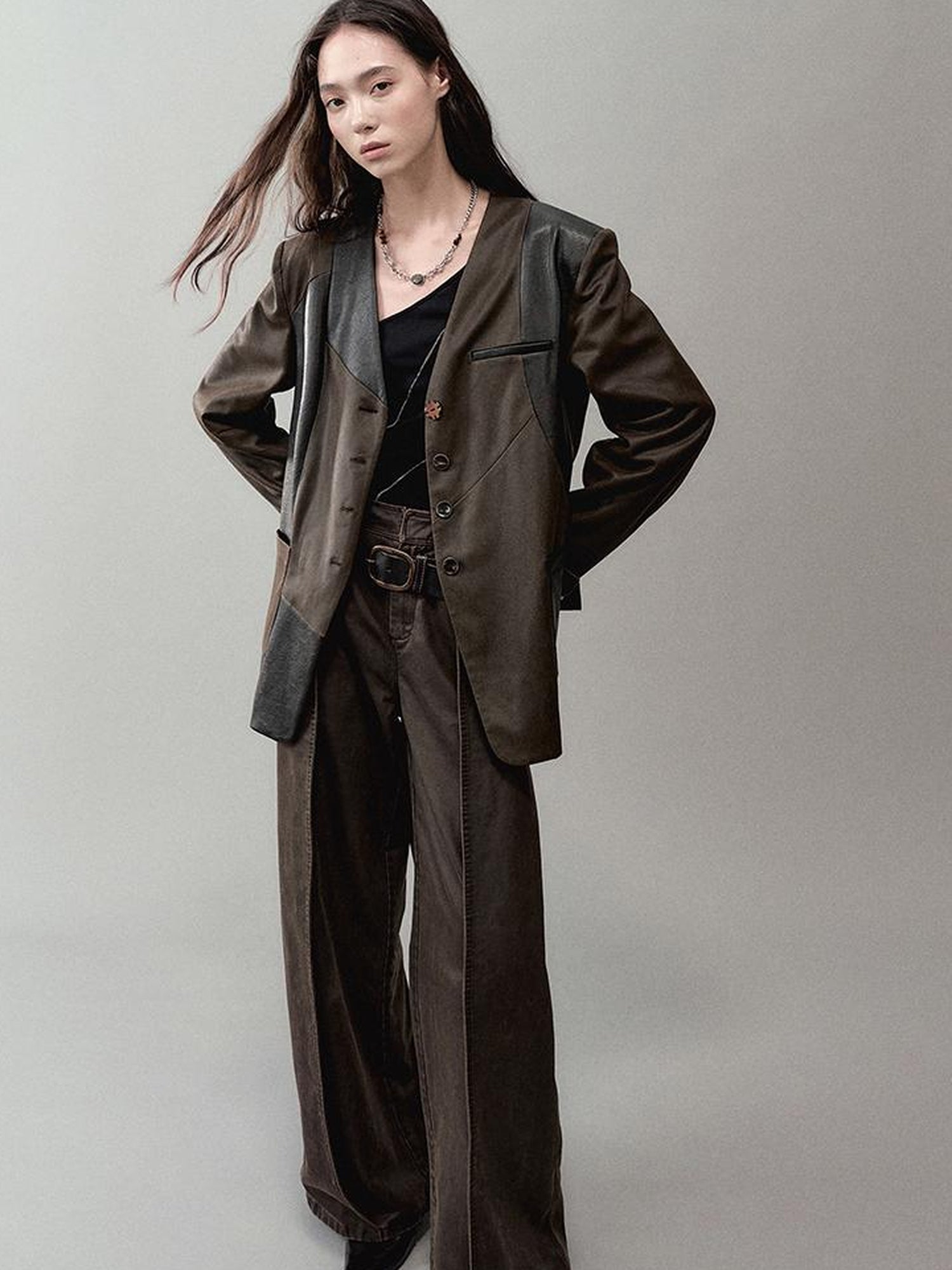 AnnoMundi Cracked Leather Panel Blazer